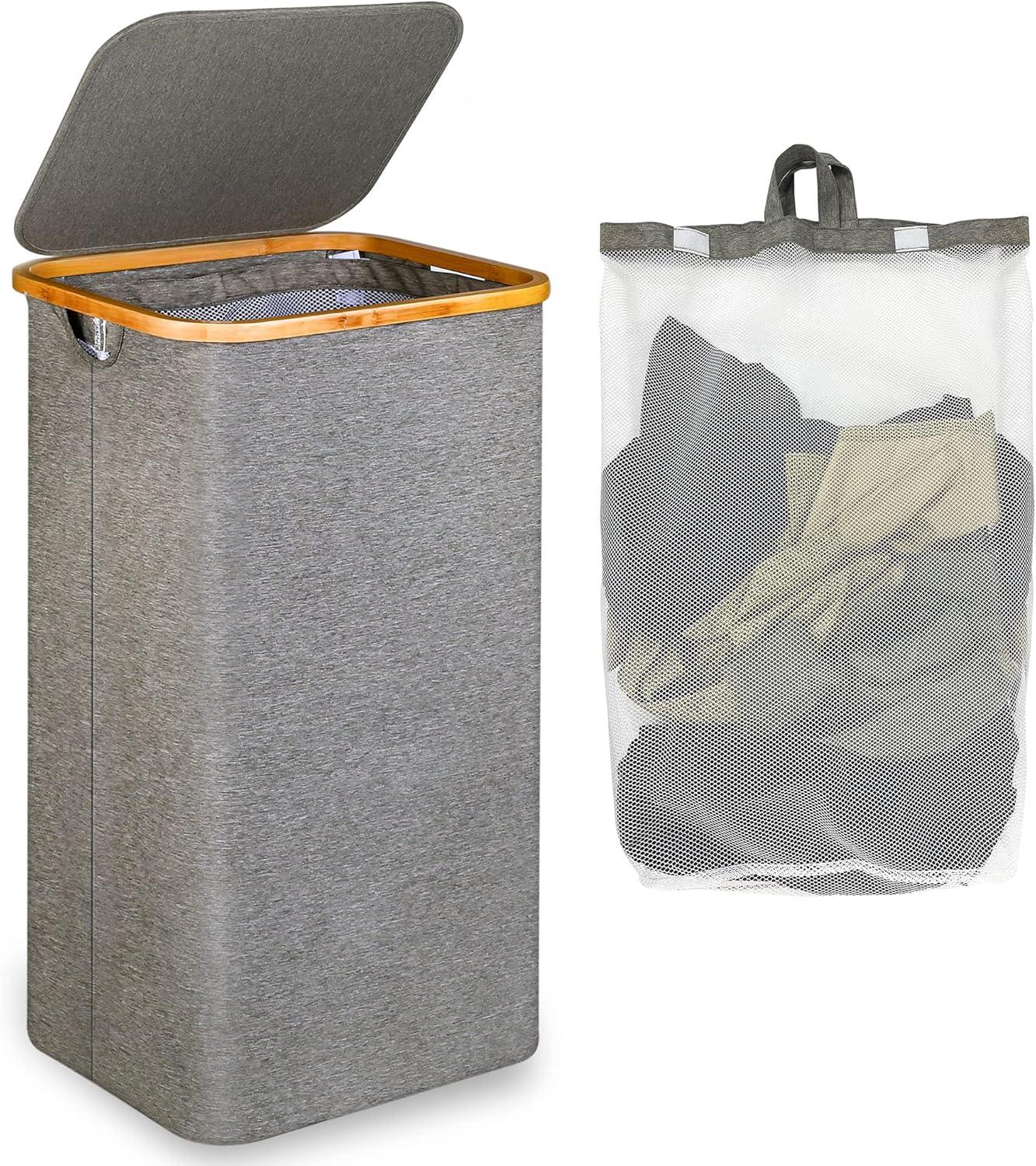 imageefluky Slim Laundry Basket with Lid Narrow Laundry Hamper with Removable Bag Skinny Dirty Clothes Basket with Bamboo Handles for Bathroom Bedroom amp Laundry Room 75L PinkGrey