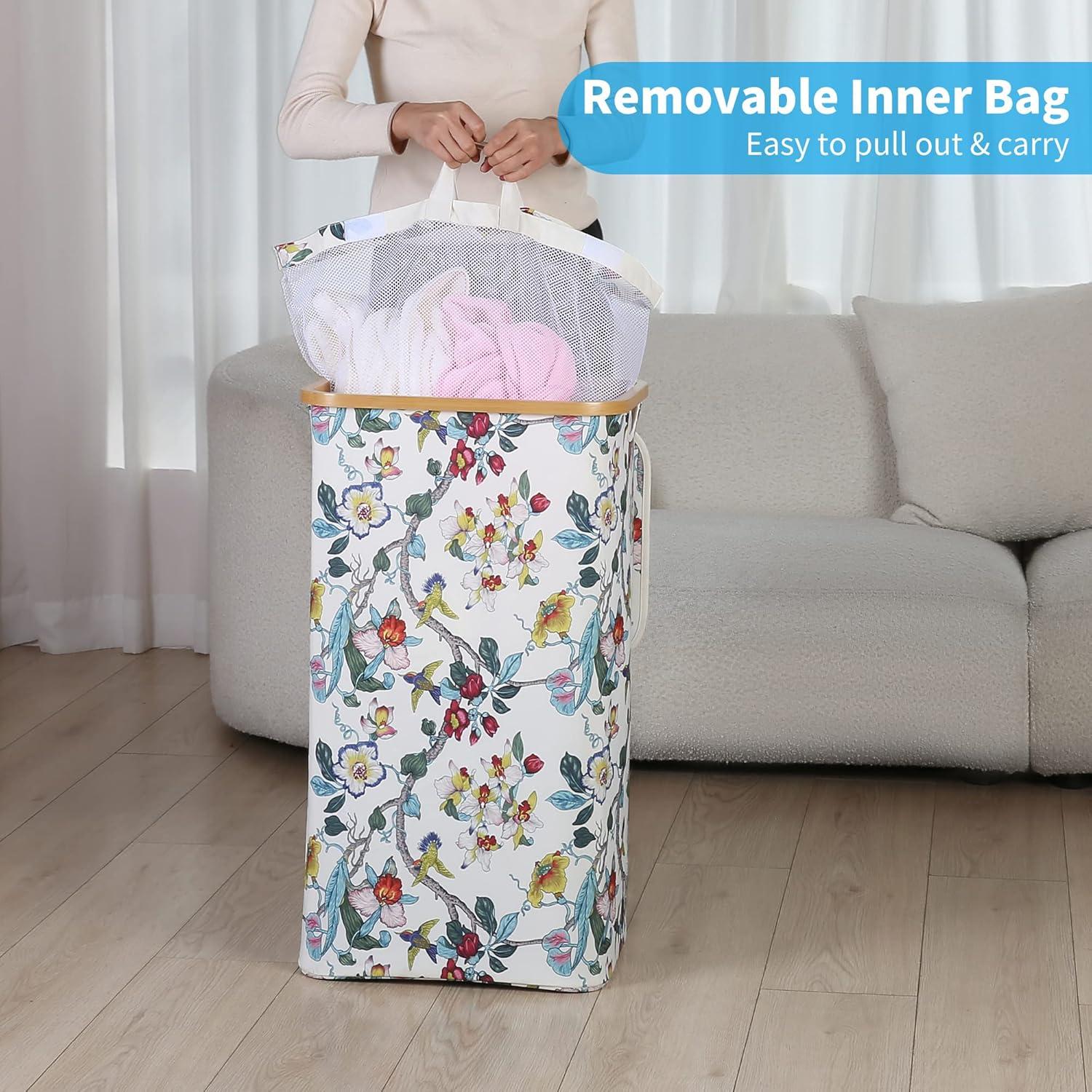 imageefluky Slim Laundry Basket with Lid Narrow Laundry Hamper with Removable Bag Skinny Dirty Clothes Basket with Bamboo Handles for Bathroom Bedroom amp Laundry Room 75L PinkFloral