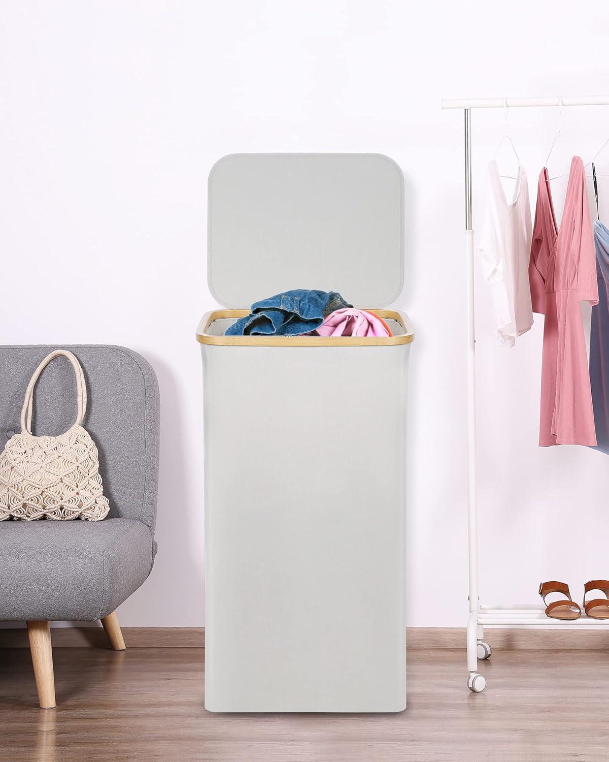 imageefluky Slim Laundry Basket with Lid Narrow Laundry Hamper with Removable Bag Skinny Dirty Clothes Basket with Bamboo Handles for Bathroom Bedroom amp Laundry Room 75L PinkLight Grey