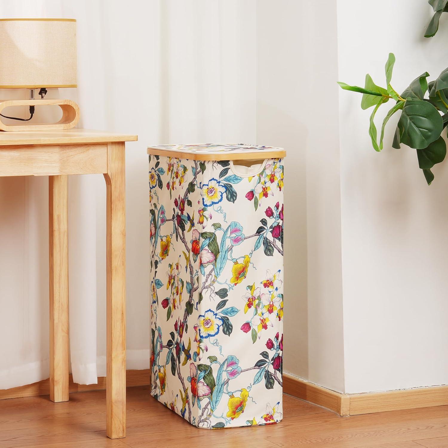 imageefluky Slim Laundry Basket with Lid Narrow Laundry Hamper with Removable Bag Skinny Dirty Clothes Basket with Bamboo Handles for Bathroom Bedroom amp Laundry Room 75L PinkFloral