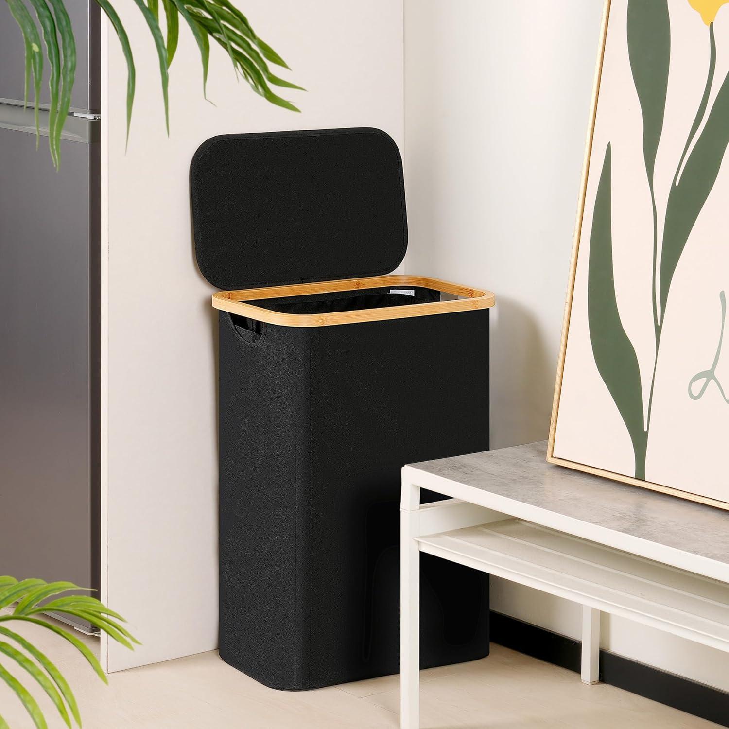 imageefluky Slim Laundry Basket with Lid Narrow Laundry Hamper with Removable Bag Skinny Dirty Clothes Basket with Bamboo Handles for Bathroom Bedroom amp Laundry Room 75L PinkBlack