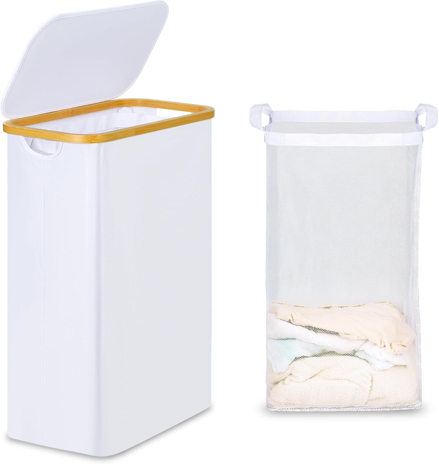 imageefluky Slim Laundry Basket with Lid Narrow Laundry Hamper with Removable Bag Skinny Dirty Clothes Basket with Bamboo Handles for Bathroom Bedroom amp Laundry Room 75L PinkWhite