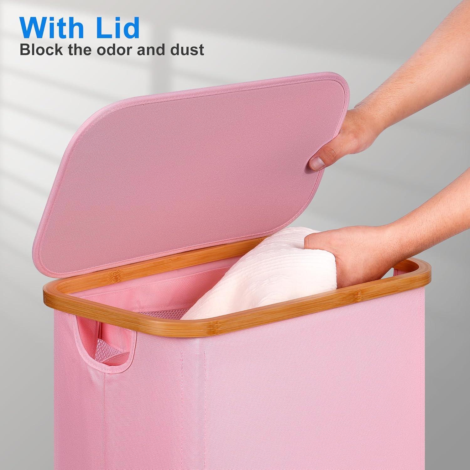 imageefluky Slim Laundry Basket with Lid Narrow Laundry Hamper with Removable Bag Skinny Dirty Clothes Basket with Bamboo Handles for Bathroom Bedroom amp Laundry Room 75L PinkPink