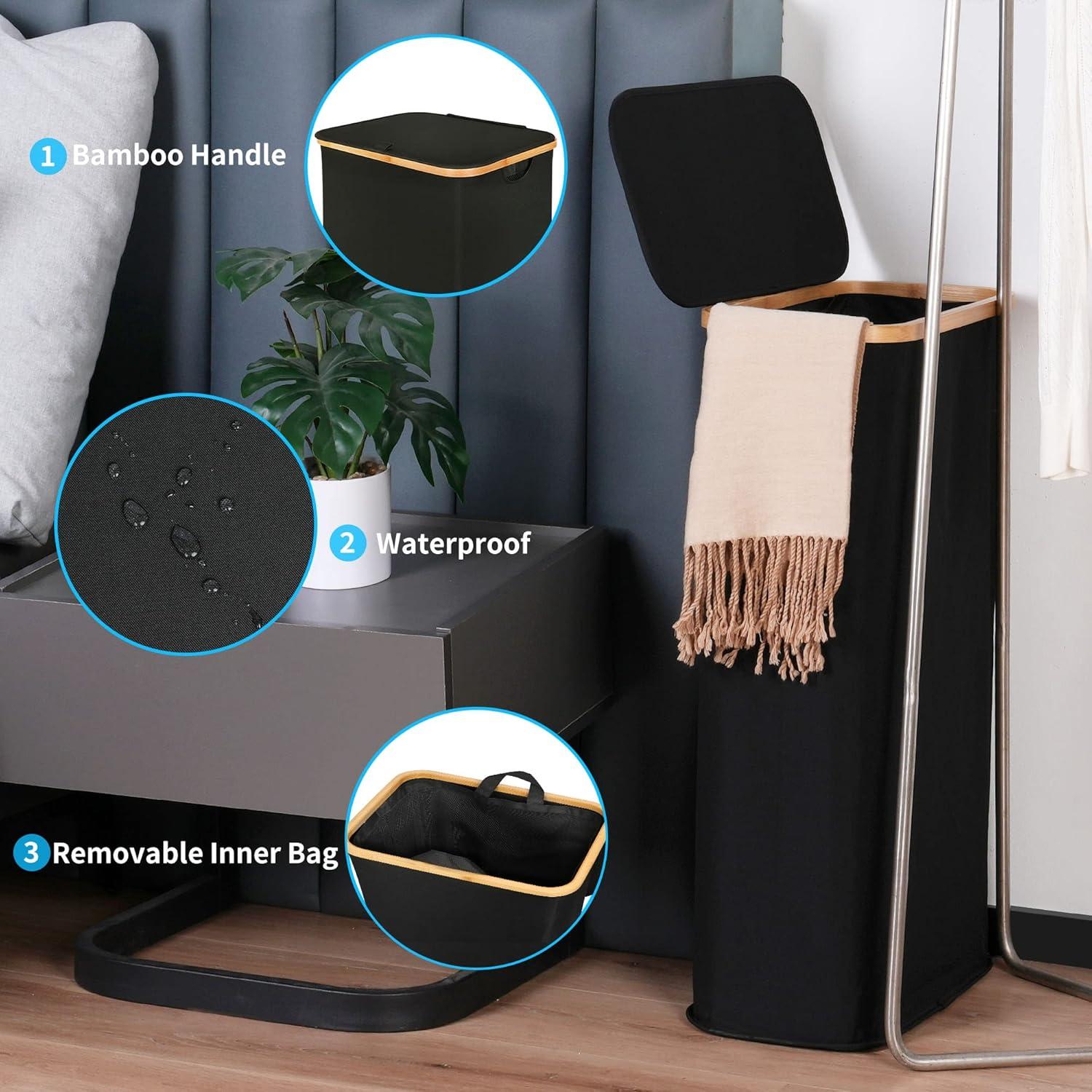imageefluky Slim Laundry Basket with Lid Narrow Laundry Hamper with Removable Bag Skinny Dirty Clothes Basket with Bamboo Handles for Bathroom Bedroom amp Laundry Room 75L PinkBlack