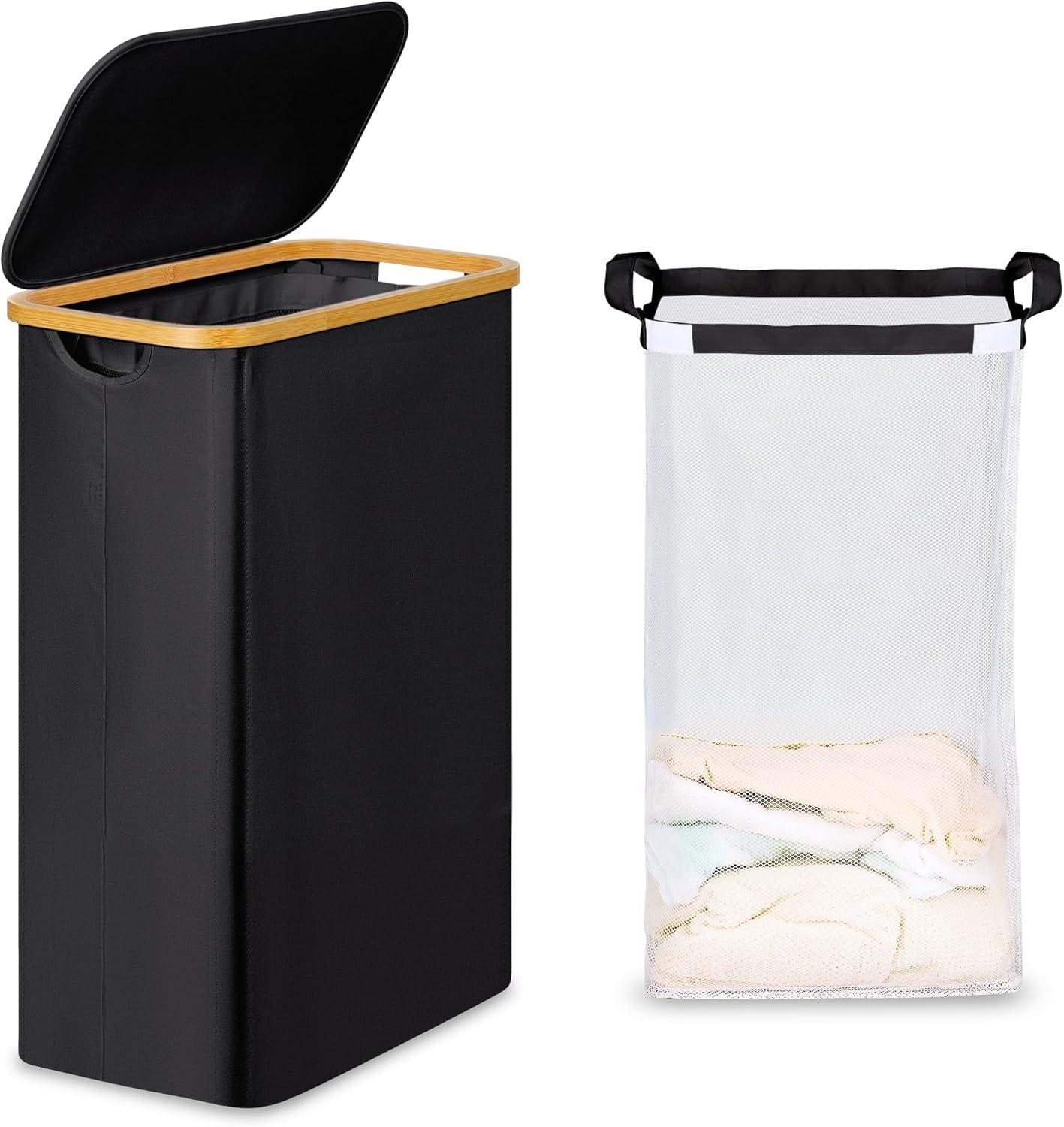 imageefluky Slim Laundry Basket with Lid Narrow Laundry Hamper with Removable Bag Skinny Dirty Clothes Basket with Bamboo Handles for Bathroom Bedroom amp Laundry Room 75L PinkBlack