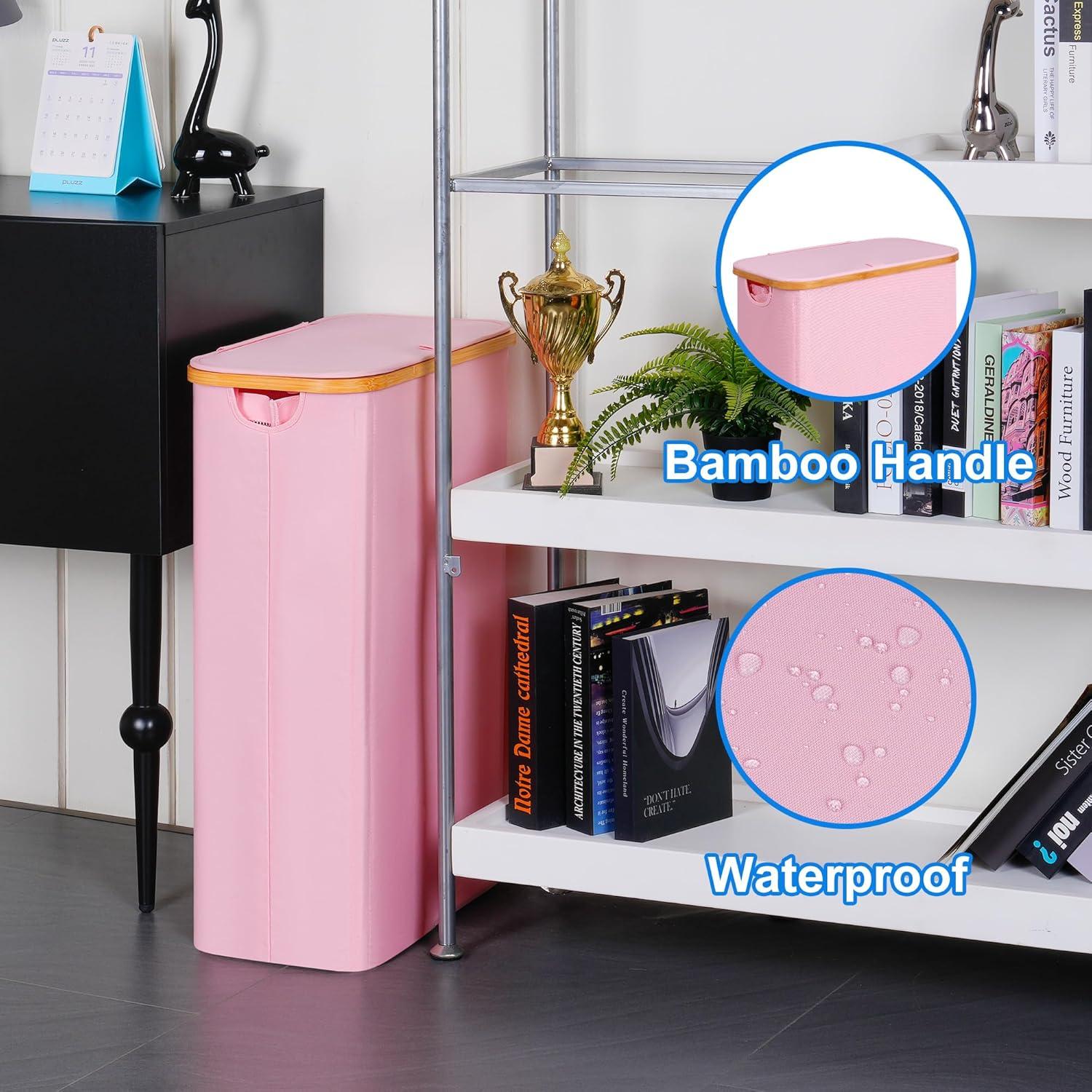 imageefluky Slim Laundry Basket with Lid Narrow Laundry Hamper with Removable Bag Skinny Dirty Clothes Basket with Bamboo Handles for Bathroom Bedroom amp Laundry Room 75L PinkPink
