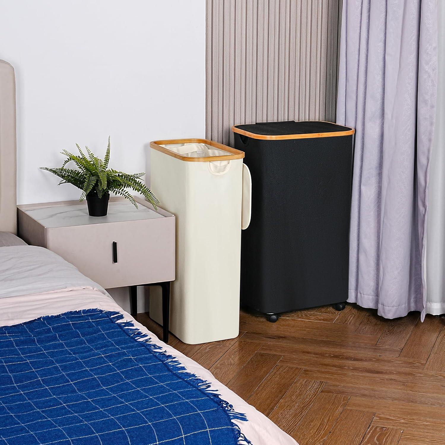imageefluky Slim Laundry Basket with Lid Narrow Laundry Hamper with Removable Bag Skinny Dirty Clothes Basket with Bamboo Handles for Bathroom Bedroom amp Laundry Room 75L PinkBeige