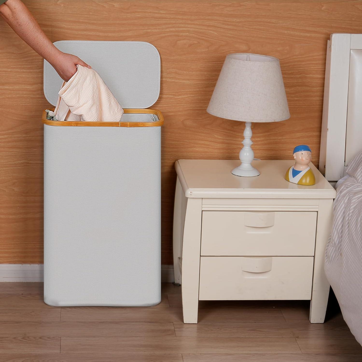 imageefluky Slim Laundry Basket with Lid Narrow Laundry Hamper with Removable Bag Skinny Dirty Clothes Basket with Bamboo Handles for Bathroom Bedroom amp Laundry Room 75L PinkLight Grey