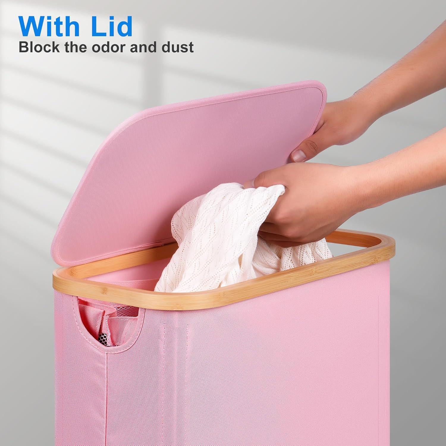 imageefluky Slim Laundry Basket with Lid Narrow Laundry Hamper with Removable Bag Skinny Dirty Clothes Basket with Bamboo Handles for Bathroom Bedroom amp Laundry Room 75L PinkPink