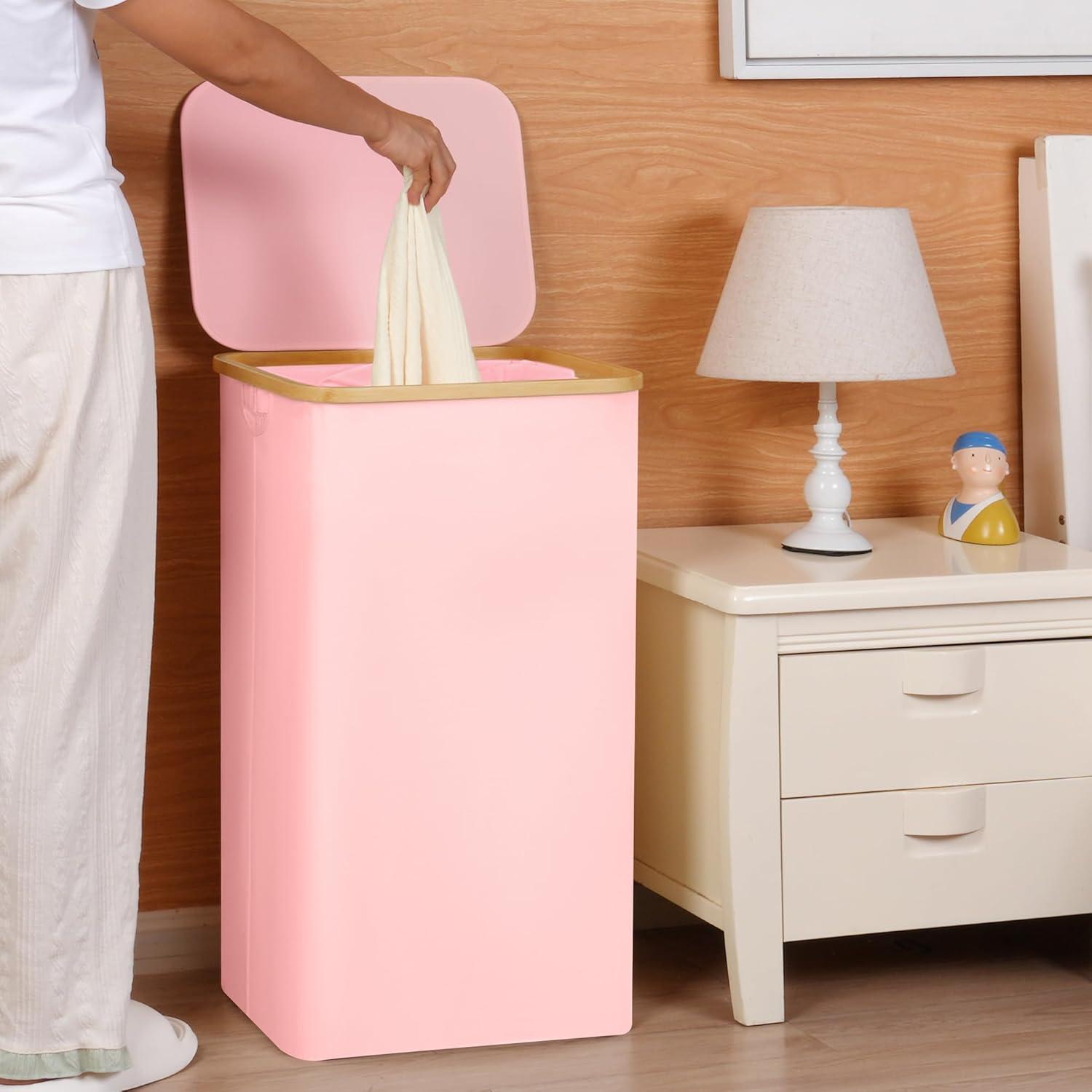 imageefluky Slim Laundry Basket with Lid Narrow Laundry Hamper with Removable Bag Skinny Dirty Clothes Basket with Bamboo Handles for Bathroom Bedroom amp Laundry Room 75L PinkPastel
