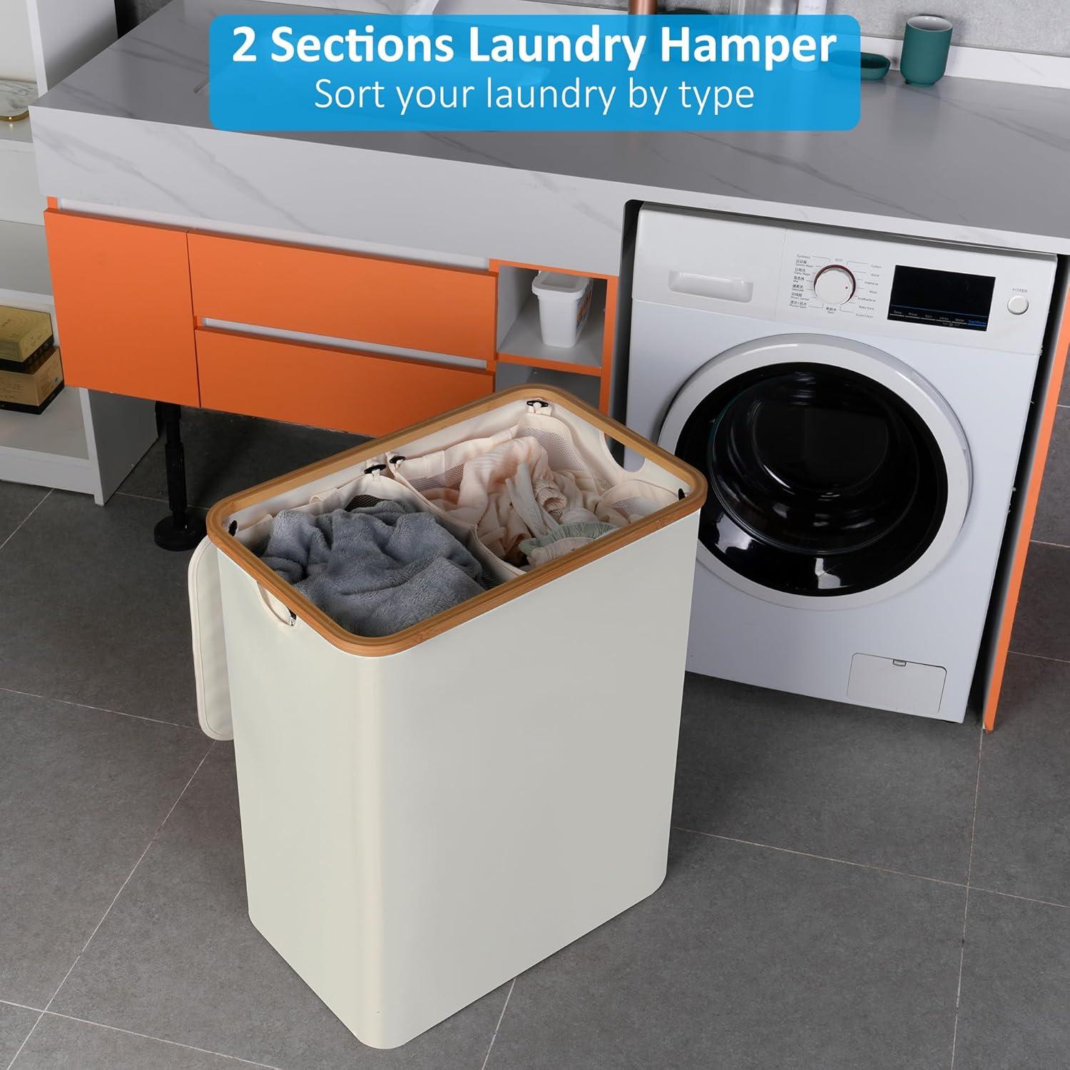 imageefluky Slim Laundry Basket with Lid Narrow Laundry Hamper with Removable Bag Skinny Dirty Clothes Basket with Bamboo Handles for Bathroom Bedroom amp Laundry Room 75L PinkBeige