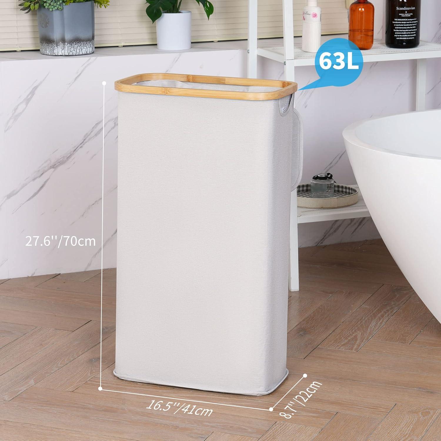 imageefluky Slim Laundry Basket with Lid Narrow Laundry Hamper with Removable Bag Skinny Dirty Clothes Basket with Bamboo Handles for Bathroom Bedroom amp Laundry Room 75L PinkLight Grey