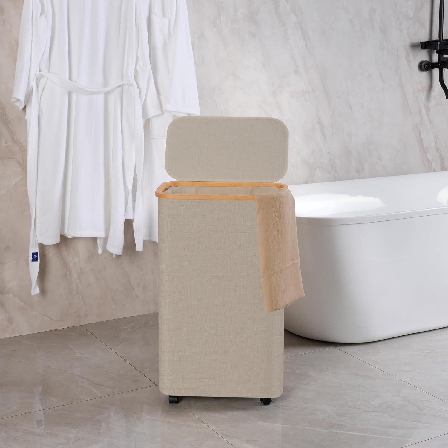 imageefluky Slim Laundry Basket with Lid Tall Narrow Washing Basket for Laundry Folding Small Slimline Laundry Baskets for Dirty Clothes 63L Cloth Storage Basket Beige EF63BeigeOatmeal