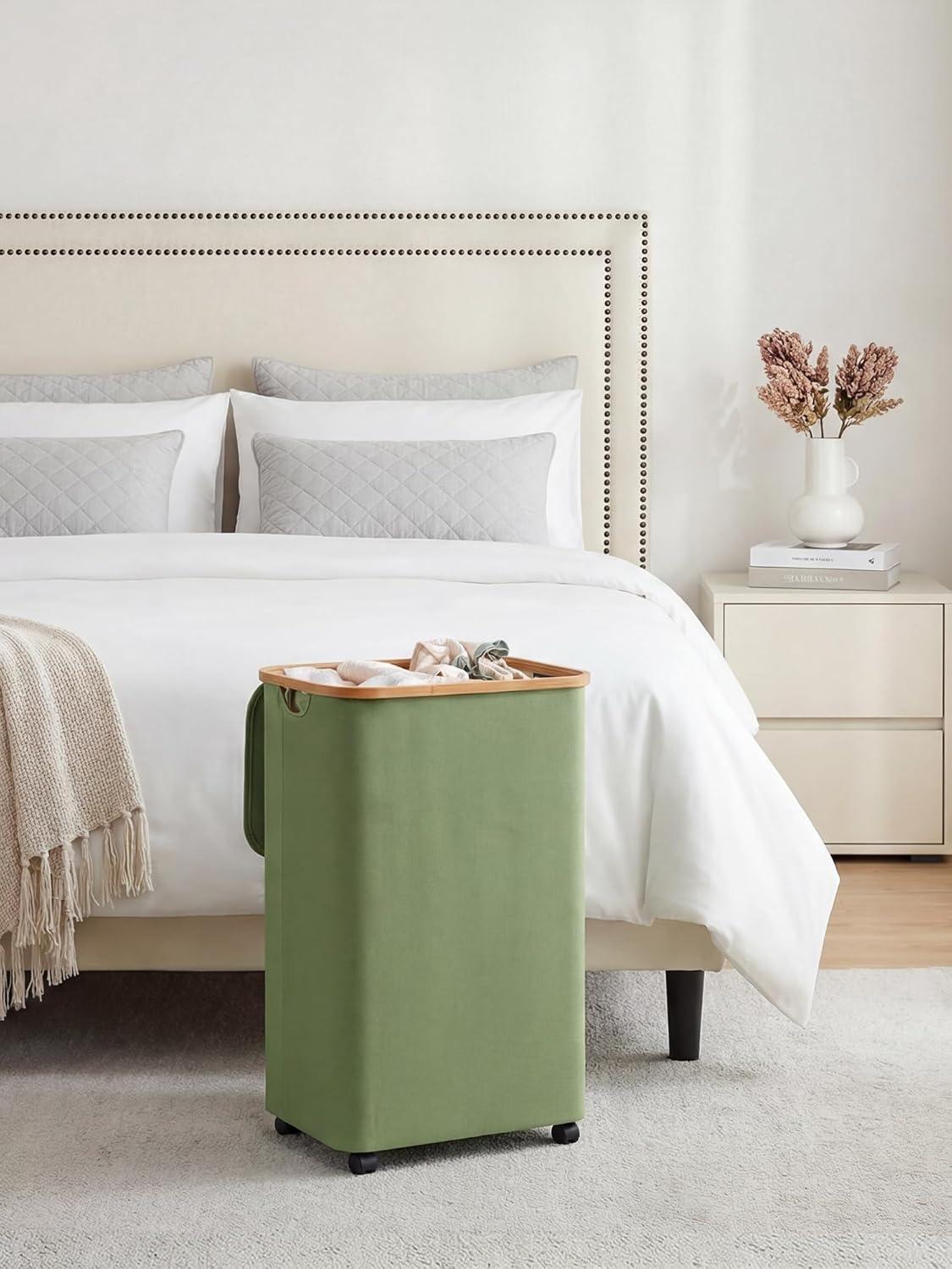 imageefluky Slim Laundry Basket with Lid Tall Narrow Washing Basket for Laundry Folding Small Slimline Laundry Baskets for Dirty Clothes 63L Cloth Storage Basket Beige EF63BeigeGreen