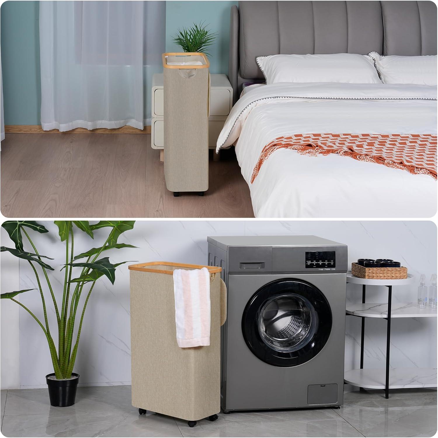 imageefluky Slim Laundry Basket with Lid Tall Narrow Washing Basket for Laundry Folding Small Slimline Laundry Baskets for Dirty Clothes 63L Cloth Storage Basket Beige EF63BeigeOatmeal