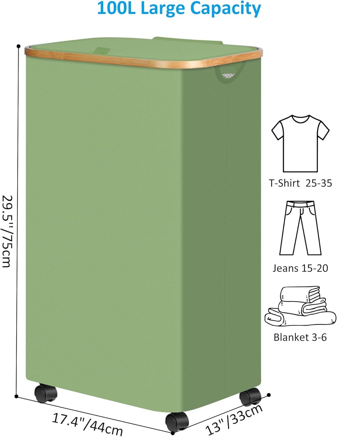 imageefluky Slim Laundry Basket with Lid Tall Narrow Washing Basket for Laundry Folding Small Slimline Laundry Baskets for Dirty Clothes 63L Cloth Storage Basket Beige EF63BeigeGreen