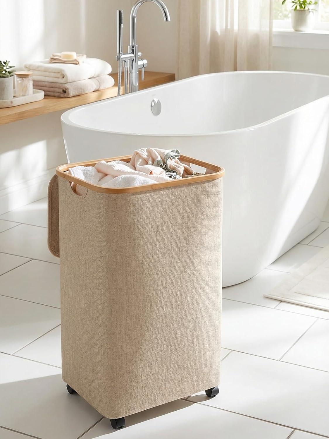 imageefluky Slim Laundry Basket with Lid Tall Narrow Washing Basket for Laundry Folding Small Slimline Laundry Baskets for Dirty Clothes 63L Cloth Storage Basket Beige EF63BeigeOatmeal