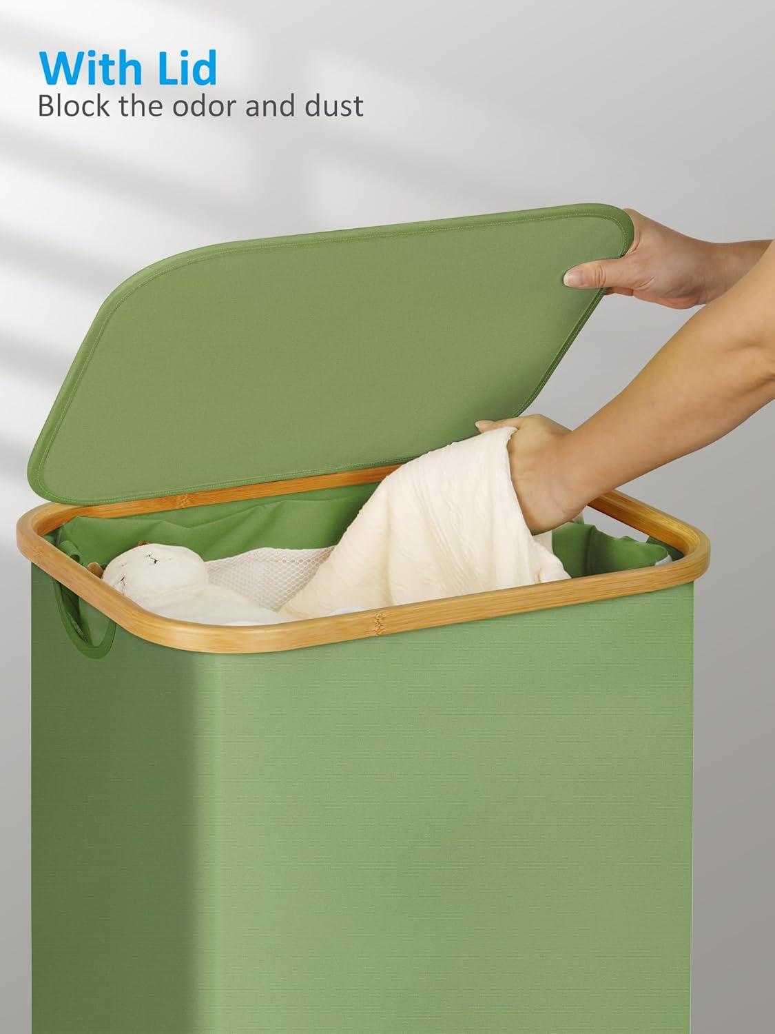 imageefluky Slim Laundry Basket with Lid Tall Narrow Washing Basket for Laundry Folding Small Slimline Laundry Baskets for Dirty Clothes 63L Cloth Storage Basket Beige EF63BeigeGreen