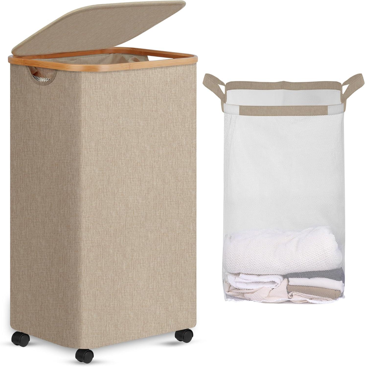 imageefluky Slim Laundry Basket with Lid Tall Narrow Washing Basket for Laundry Folding Small Slimline Laundry Baskets for Dirty Clothes 63L Cloth Storage Basket Beige EF63BeigeOatmeal