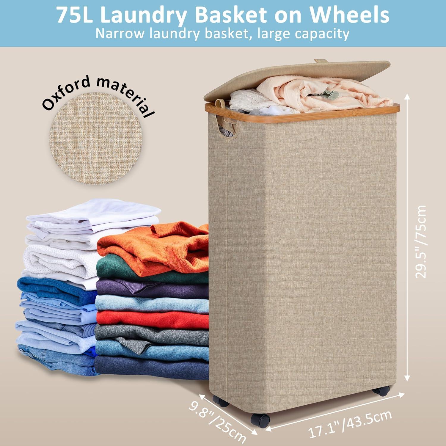 imageefluky Slim Laundry Basket with Lid Tall Narrow Washing Basket for Laundry Folding Small Slimline Laundry Baskets for Dirty Clothes 63L Cloth Storage Basket Beige EF63BeigeOatmeal