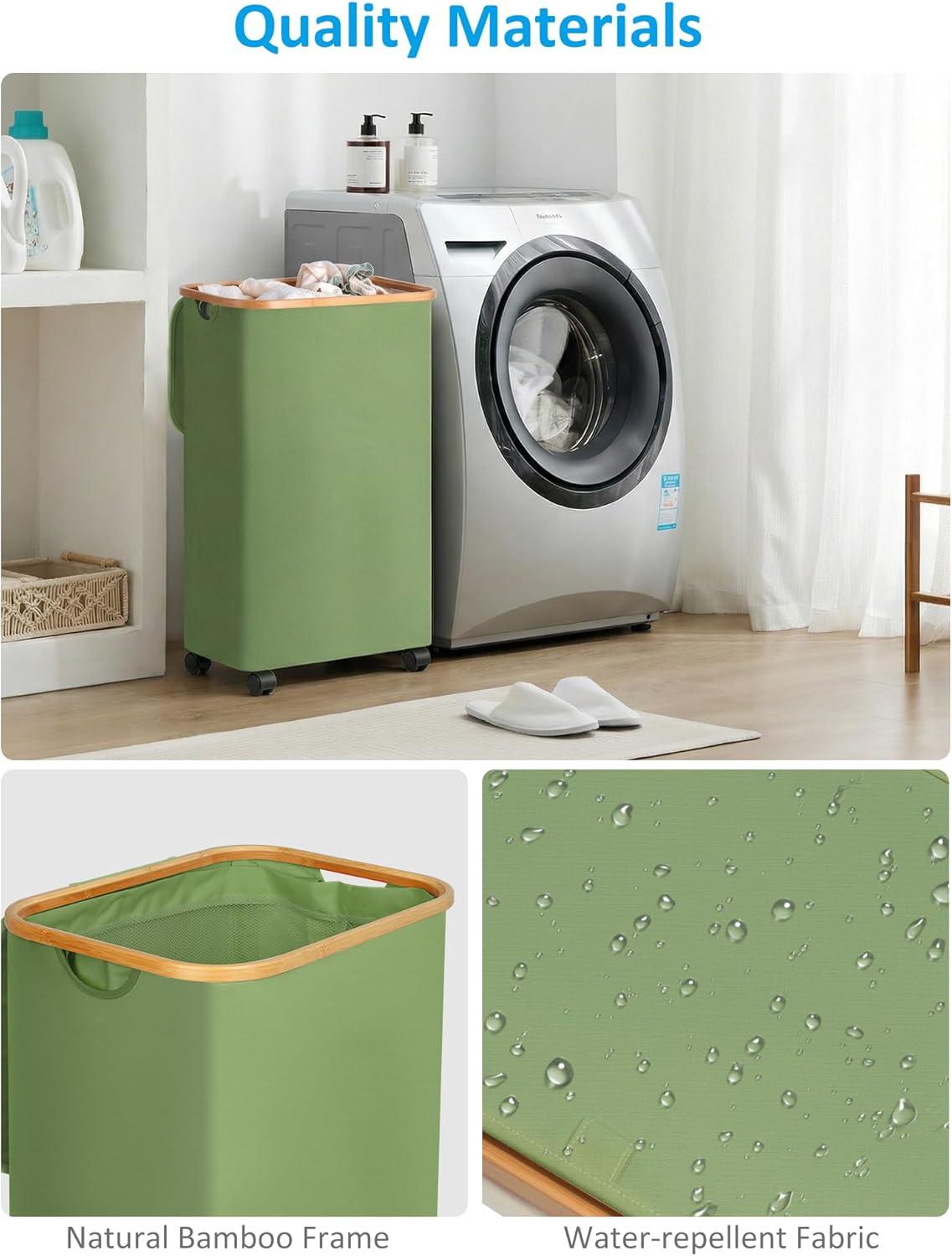 imageefluky Slim Laundry Basket with Lid Tall Narrow Washing Basket for Laundry Folding Small Slimline Laundry Baskets for Dirty Clothes 63L Cloth Storage Basket Beige EF63BeigeGreen