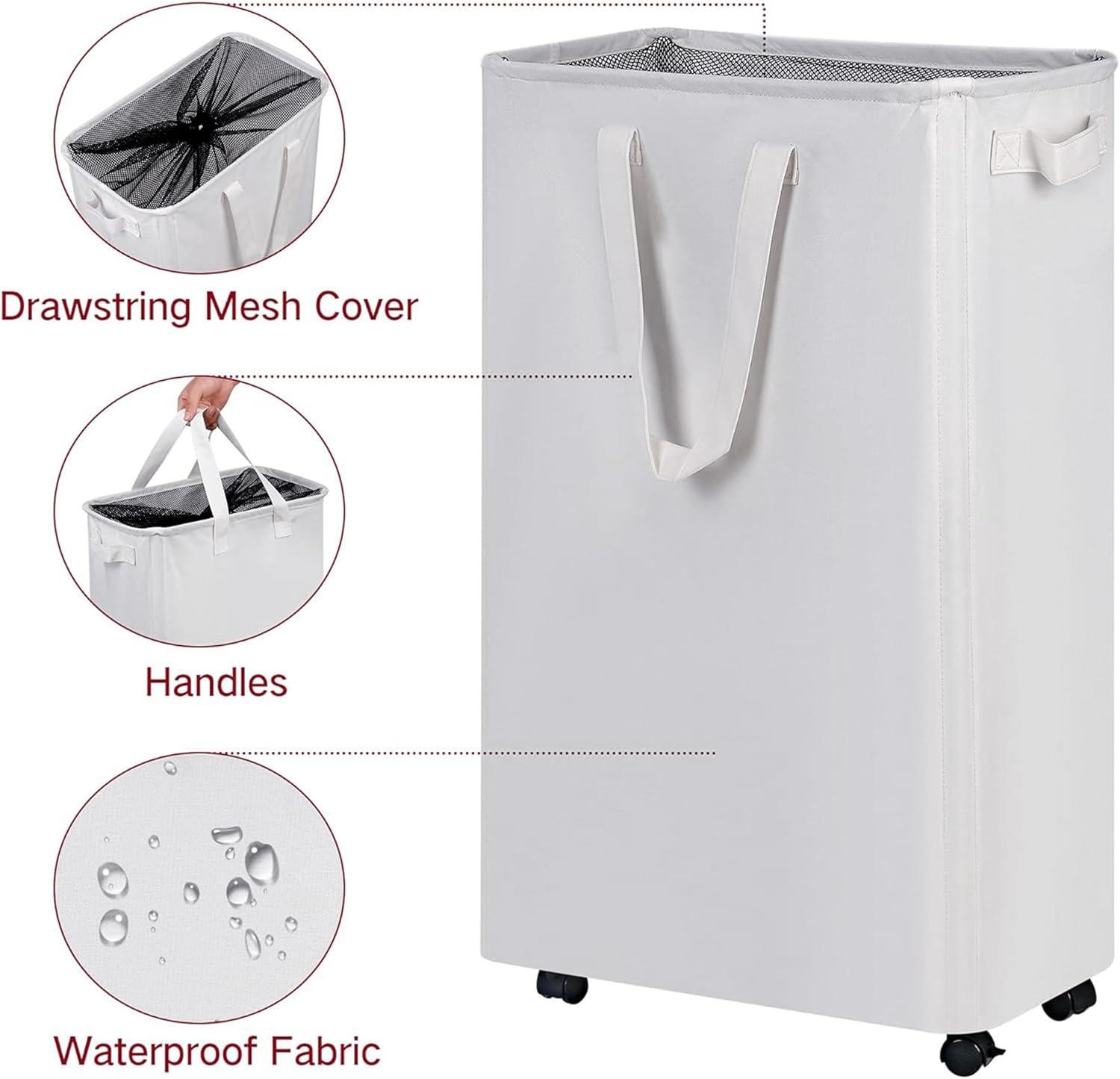 imageefluky Slim Laundry Hamper with Wheels Rolling Laundry Basket for Clothes Small Laundry Basket for Bedroom Dorm and Laundry Room 60L 127 Gallons BeigeWhite