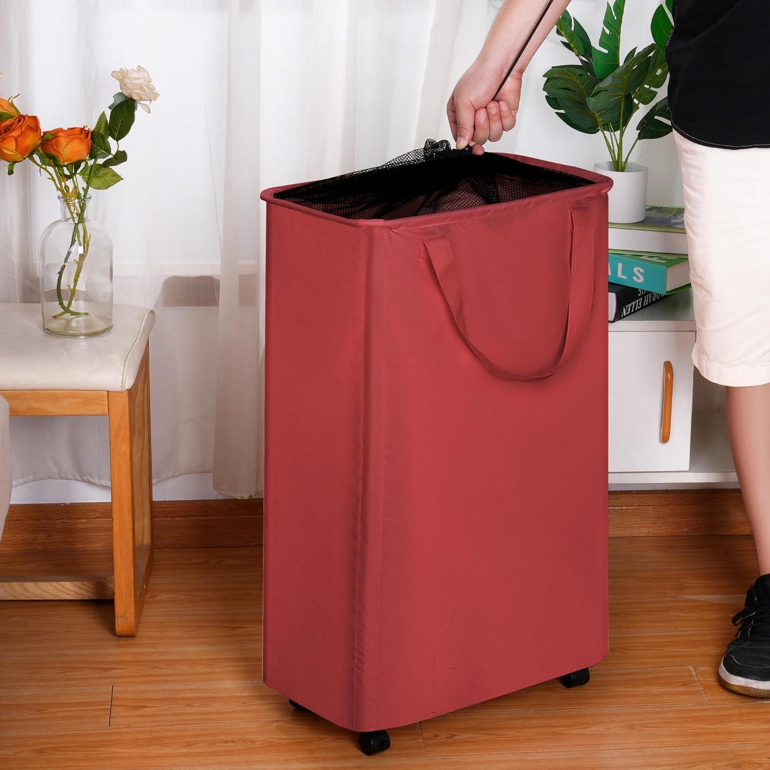 imageefluky Slim Laundry Hamper with Wheels Rolling Laundry Basket for Clothes Small Laundry Basket for Bedroom Dorm and Laundry Room 60L 127 Gallons BeigeRed