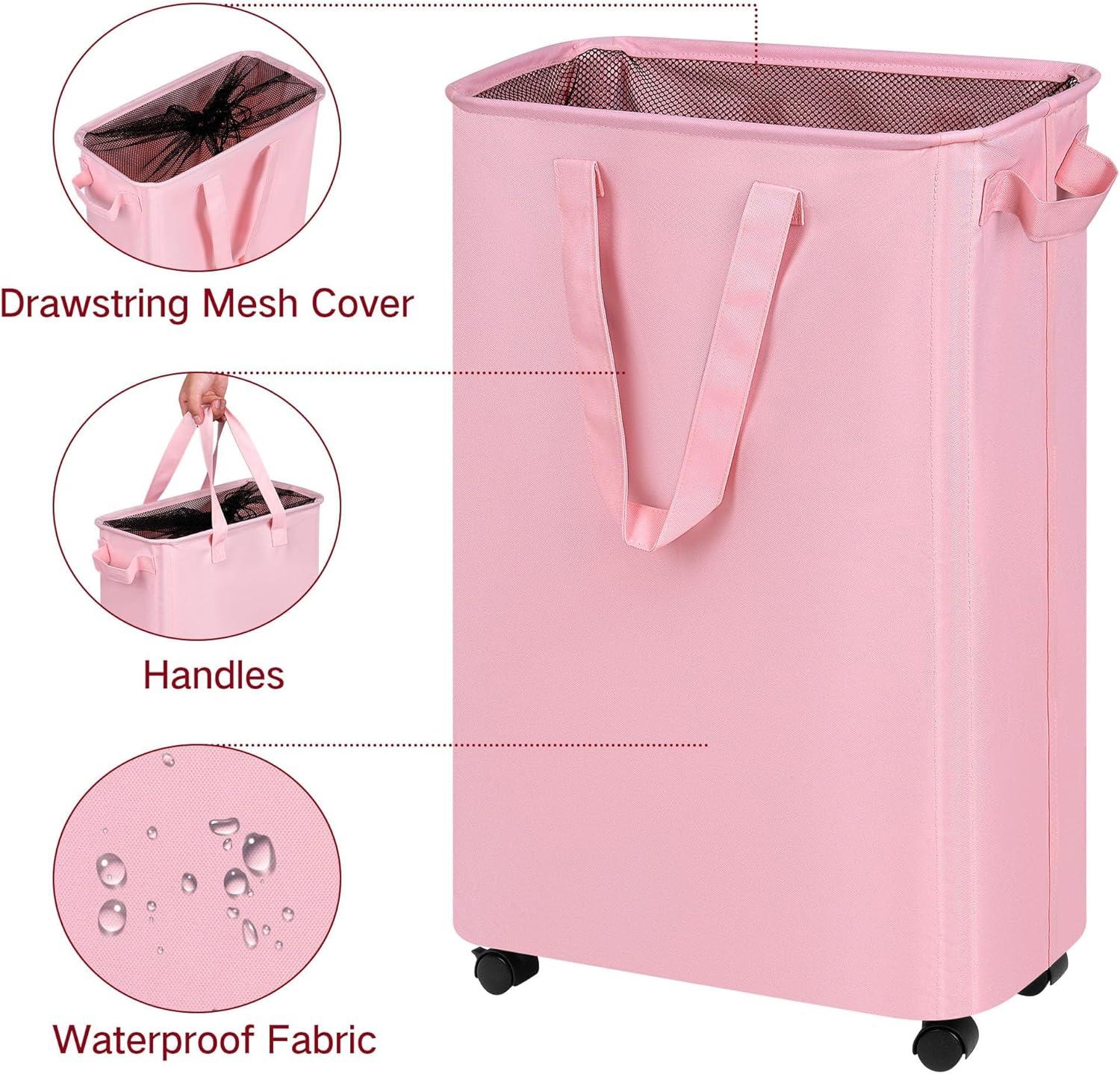imageefluky Slim Laundry Hamper with Wheels Rolling Laundry Basket for Clothes Small Laundry Basket for Bedroom Dorm and Laundry Room 60L 127 Gallons BeigePink