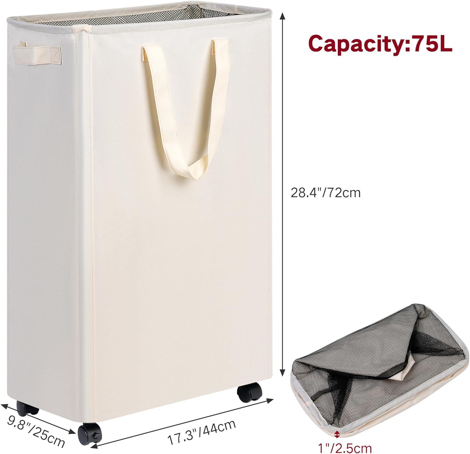 imageefluky Slim Laundry Hamper with Wheels Rolling Laundry Basket for Clothes Small Laundry Basket for Bedroom Dorm and Laundry Room 60L 127 Gallons BeigeBeige