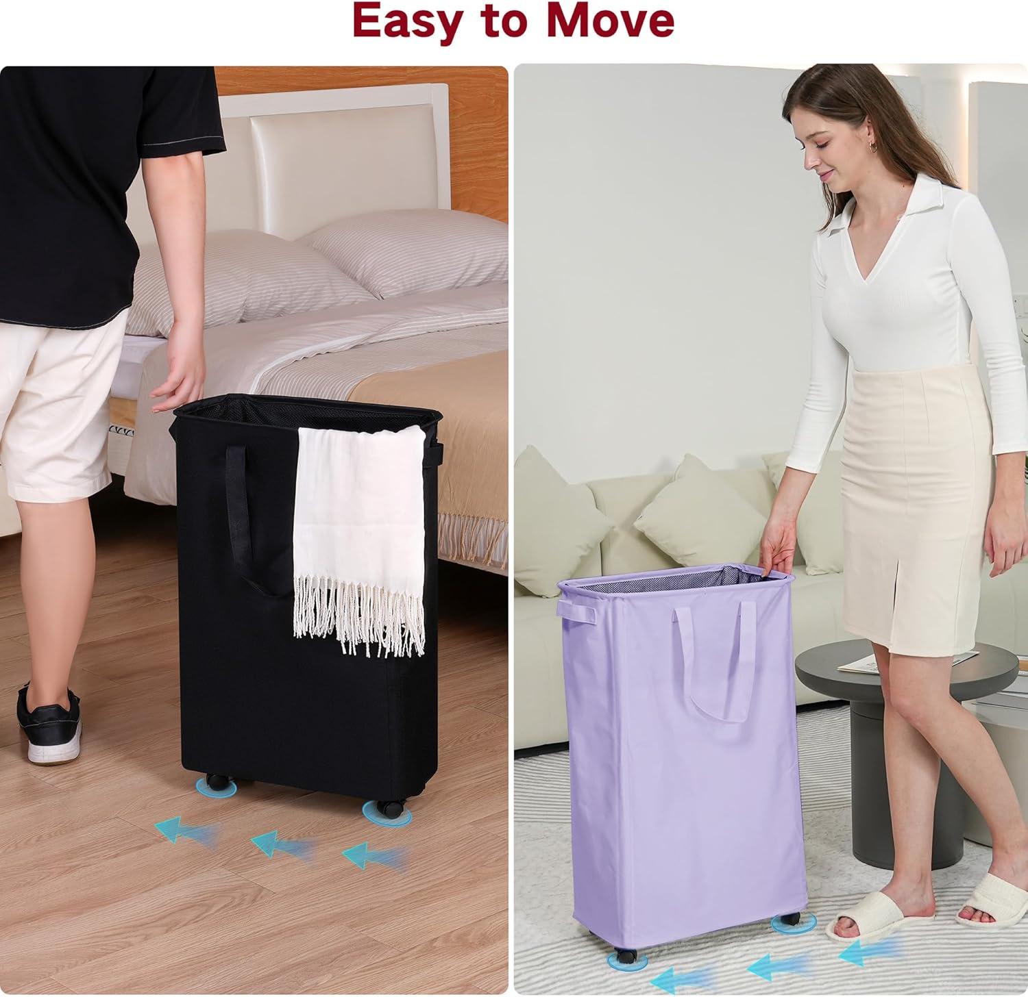 imageefluky Slim Laundry Hamper with Wheels Rolling Laundry Basket for Clothes Small Laundry Basket for Bedroom Dorm and Laundry Room 60L 127 Gallons BeigePurple