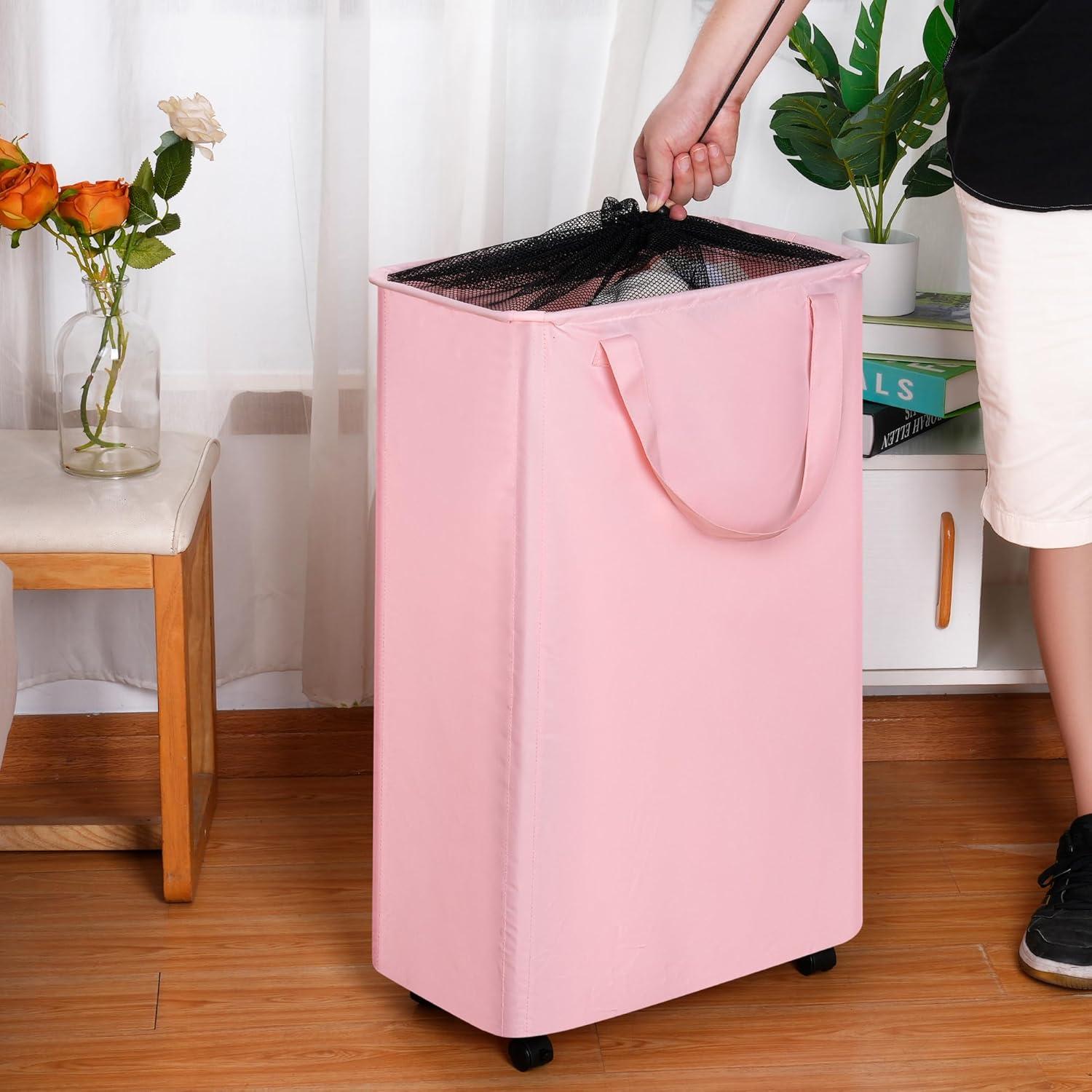 imageefluky Slim Laundry Hamper with Wheels Rolling Laundry Basket for Clothes Small Laundry Basket for Bedroom Dorm and Laundry Room 60L 127 Gallons BeigeGrey
