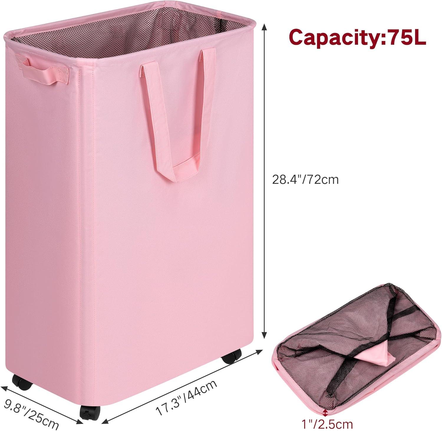 imageefluky Slim Laundry Hamper with Wheels Rolling Laundry Basket for Clothes Small Laundry Basket for Bedroom Dorm and Laundry Room 60L 127 Gallons BeigePink