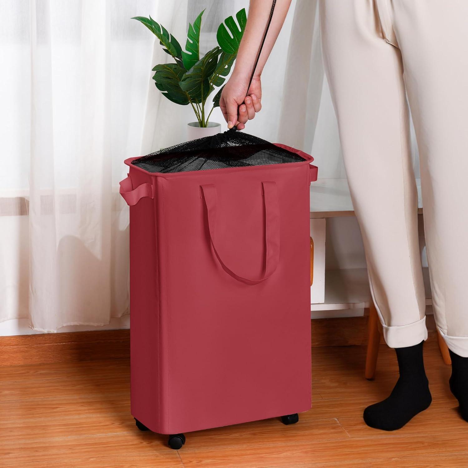 imageefluky Slim Laundry Hamper with Wheels Rolling Laundry Basket for Clothes Small Laundry Basket for Bedroom Dorm and Laundry Room 60L 127 Gallons BeigeRed