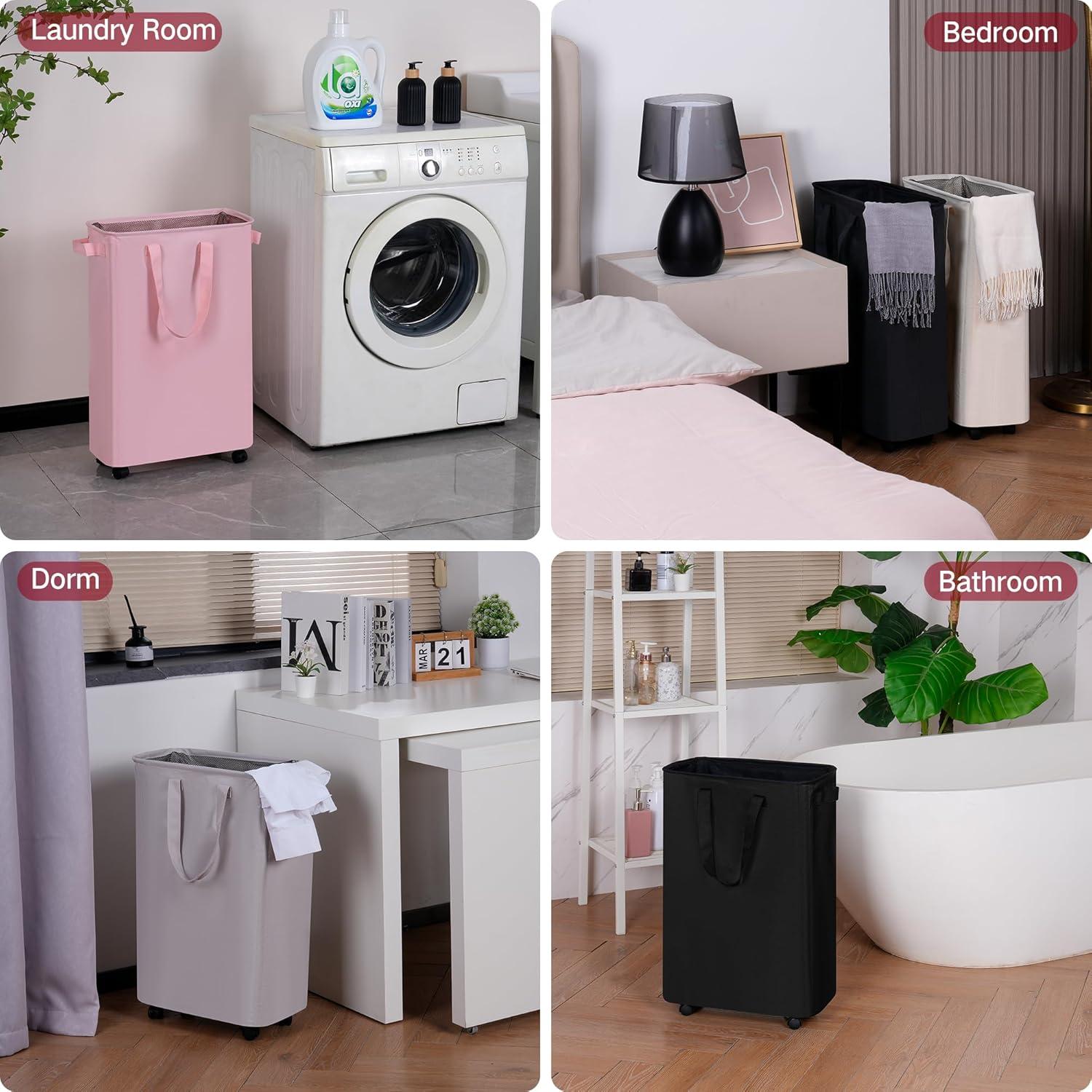 imageefluky Slim Laundry Hamper with Wheels Rolling Laundry Basket for Clothes Small Laundry Basket for Bedroom Dorm and Laundry Room 60L 127 Gallons BeigeBlack
