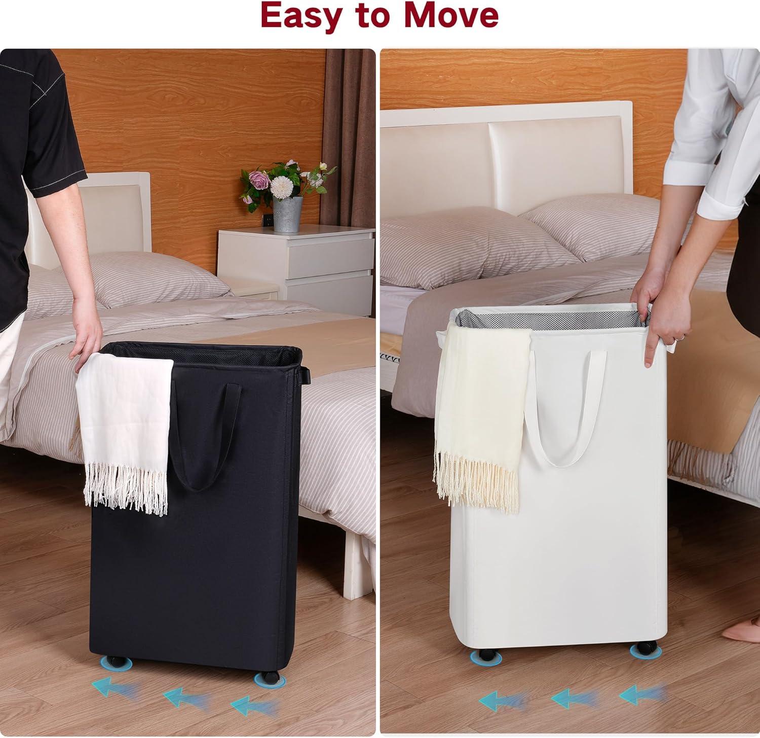 imageefluky Slim Laundry Hamper with Wheels Rolling Laundry Basket for Clothes Small Laundry Basket for Bedroom Dorm and Laundry Room 60L 127 Gallons BeigeWhite