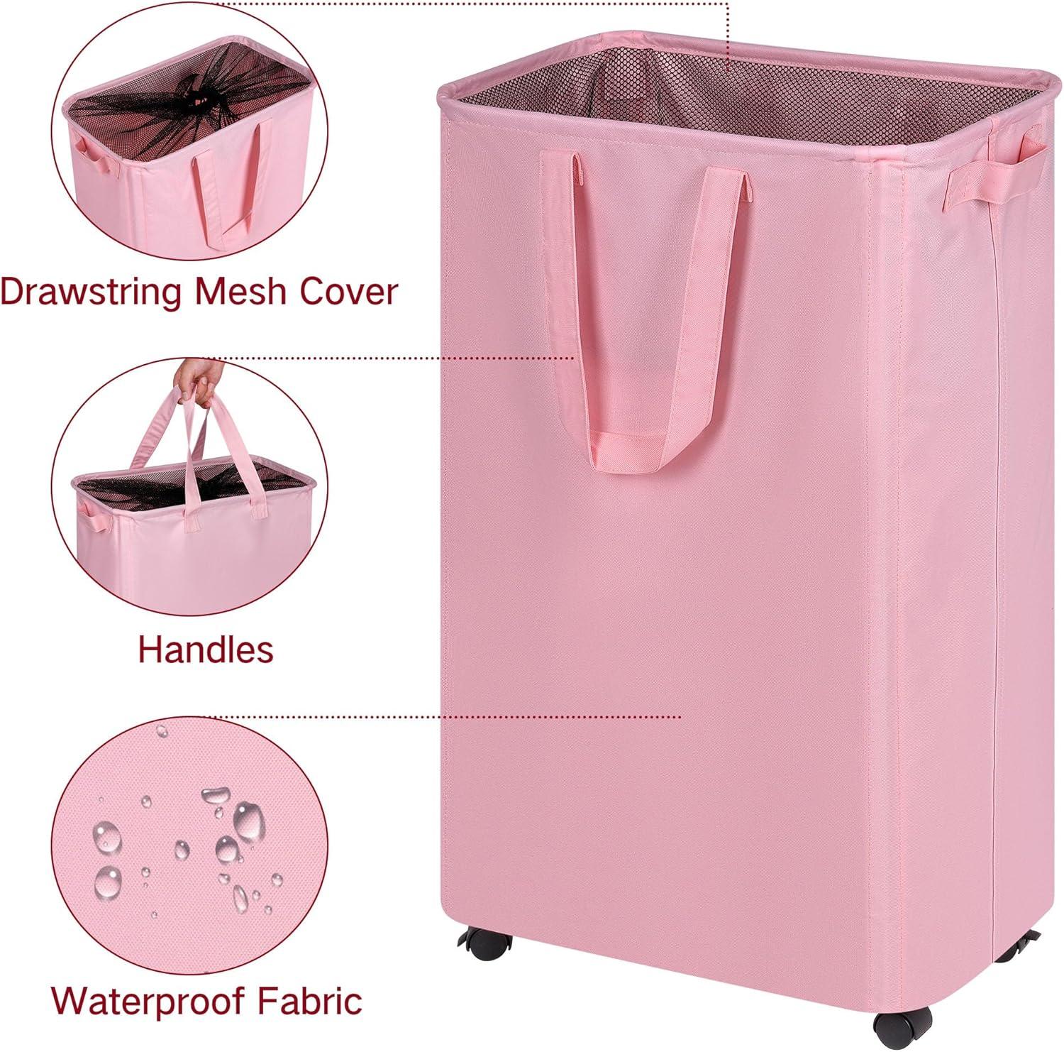 imageefluky Slim Laundry Hamper with Wheels Rolling Laundry Basket for Clothes Small Laundry Basket for Bedroom Dorm and Laundry Room 60L 127 Gallons BeigePink