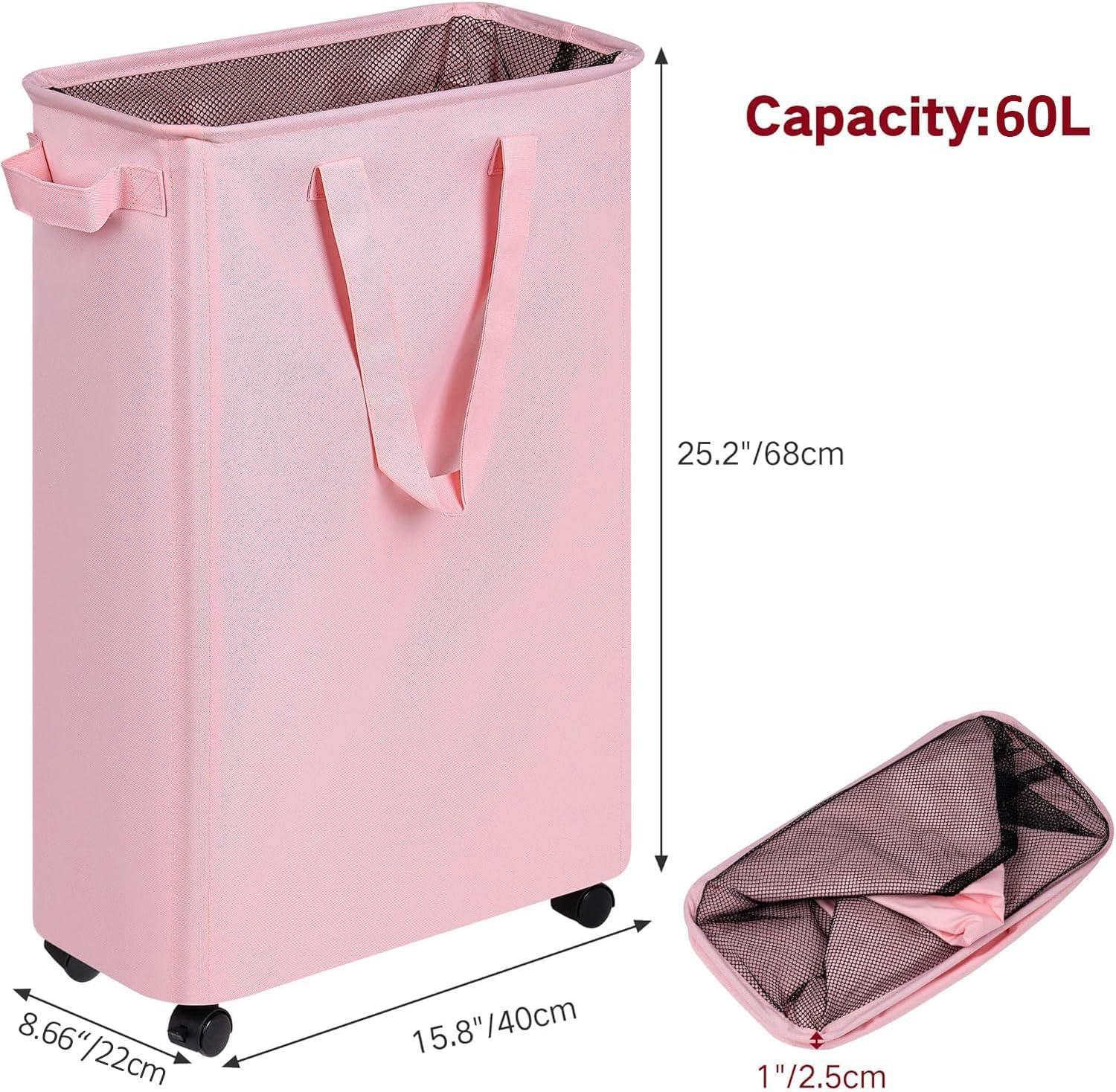 imageefluky Slim Laundry Hamper with Wheels Rolling Laundry Basket for Clothes Small Laundry Basket for Bedroom Dorm and Laundry Room 60L 127 Gallons BeigePink