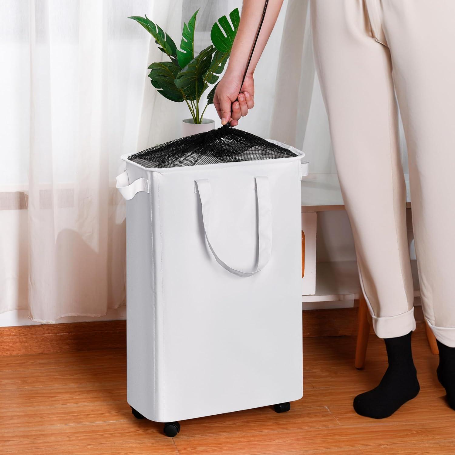 imageefluky Slim Laundry Hamper with Wheels Rolling Laundry Basket for Clothes Small Laundry Basket for Bedroom Dorm and Laundry Room 60L 127 Gallons BeigeWhite
