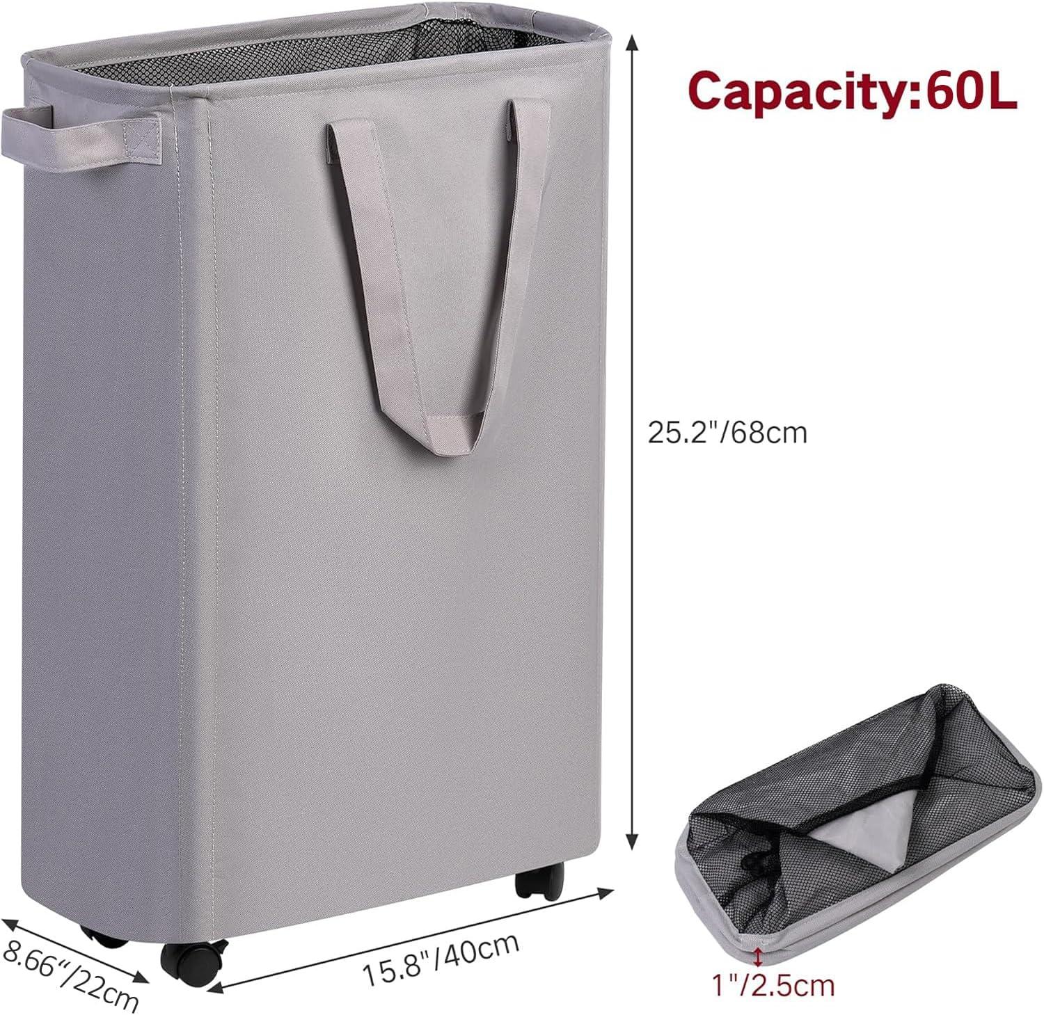 imageefluky Slim Laundry Hamper with Wheels Rolling Laundry Basket for Clothes Small Laundry Basket for Bedroom Dorm and Laundry Room 60L 127 Gallons BeigeGrey