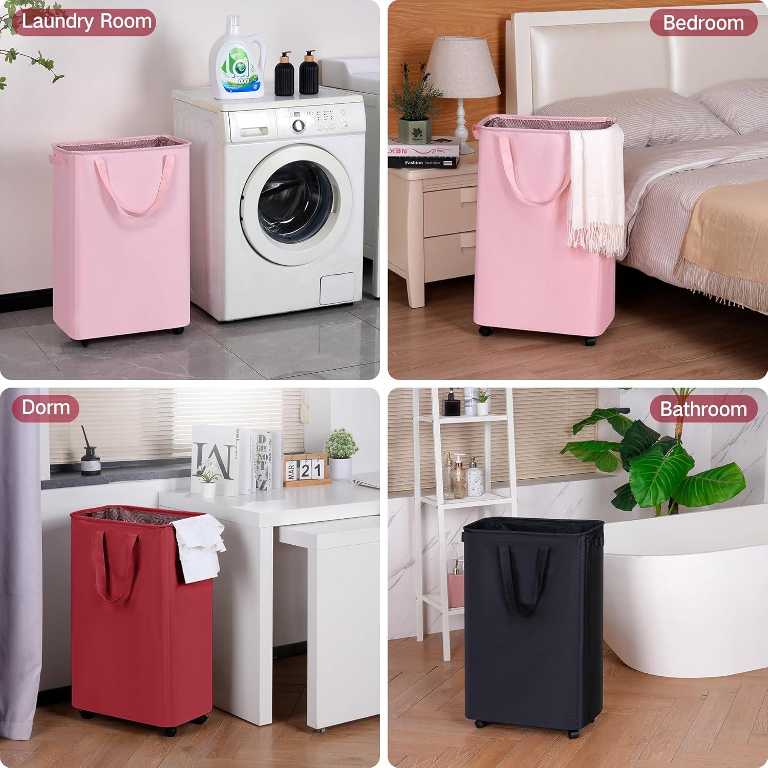 imageefluky Slim Laundry Hamper with Wheels Rolling Laundry Basket for Clothes Small Laundry Basket for Bedroom Dorm and Laundry Room 60L 127 Gallons BeigeRed