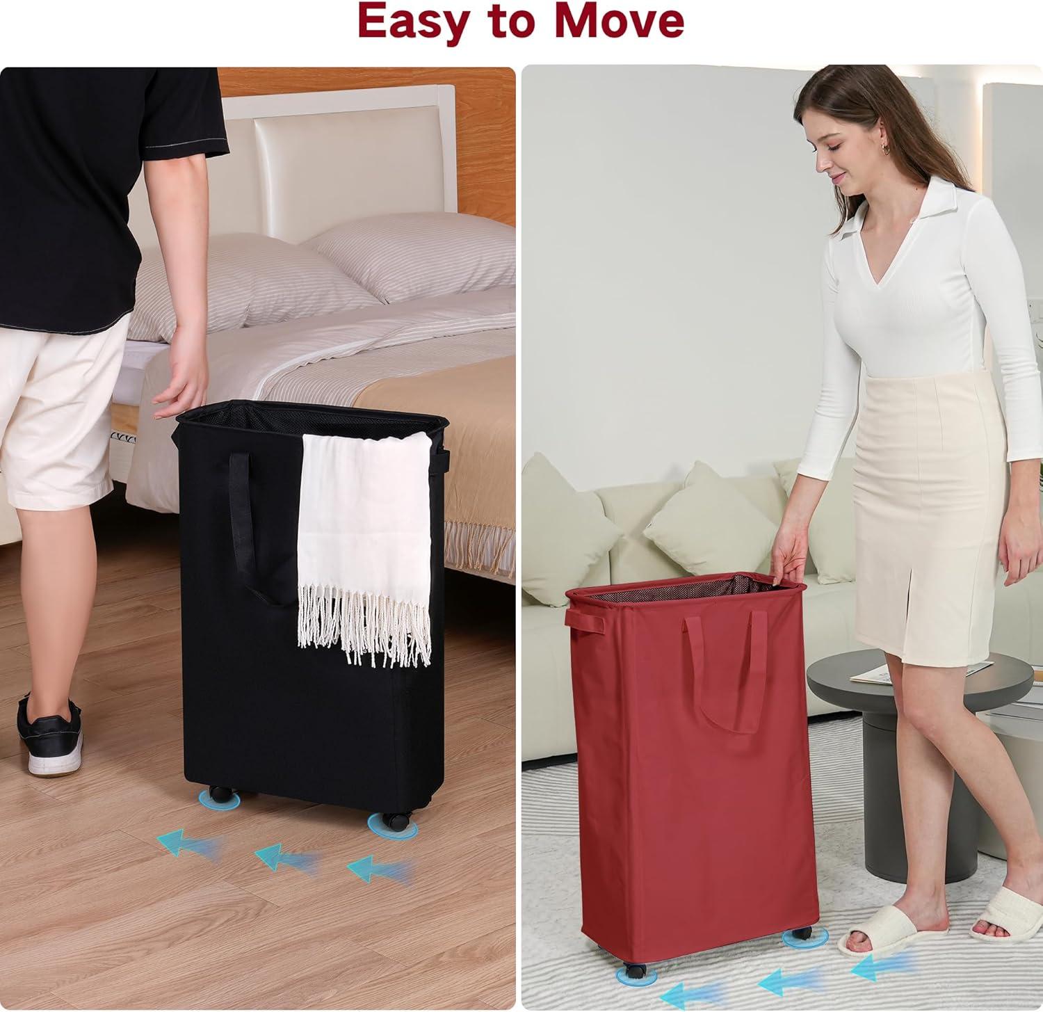 imageefluky Slim Laundry Hamper with Wheels Rolling Laundry Basket for Clothes Small Laundry Basket for Bedroom Dorm and Laundry Room 60L 127 Gallons BeigeRed