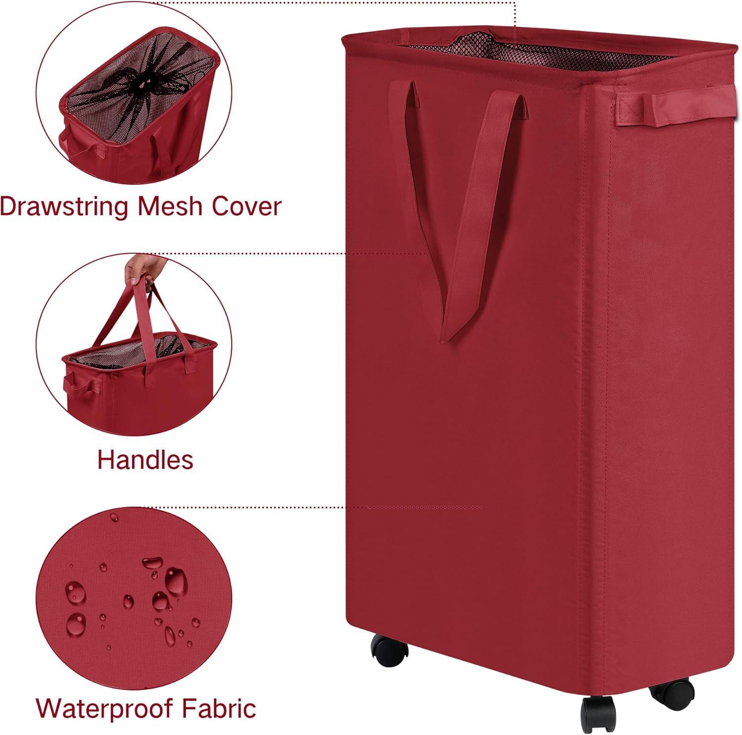 imageefluky Slim Laundry Hamper with Wheels Rolling Laundry Basket for Clothes Small Laundry Basket for Bedroom Dorm and Laundry Room 60L 127 Gallons BeigeRed