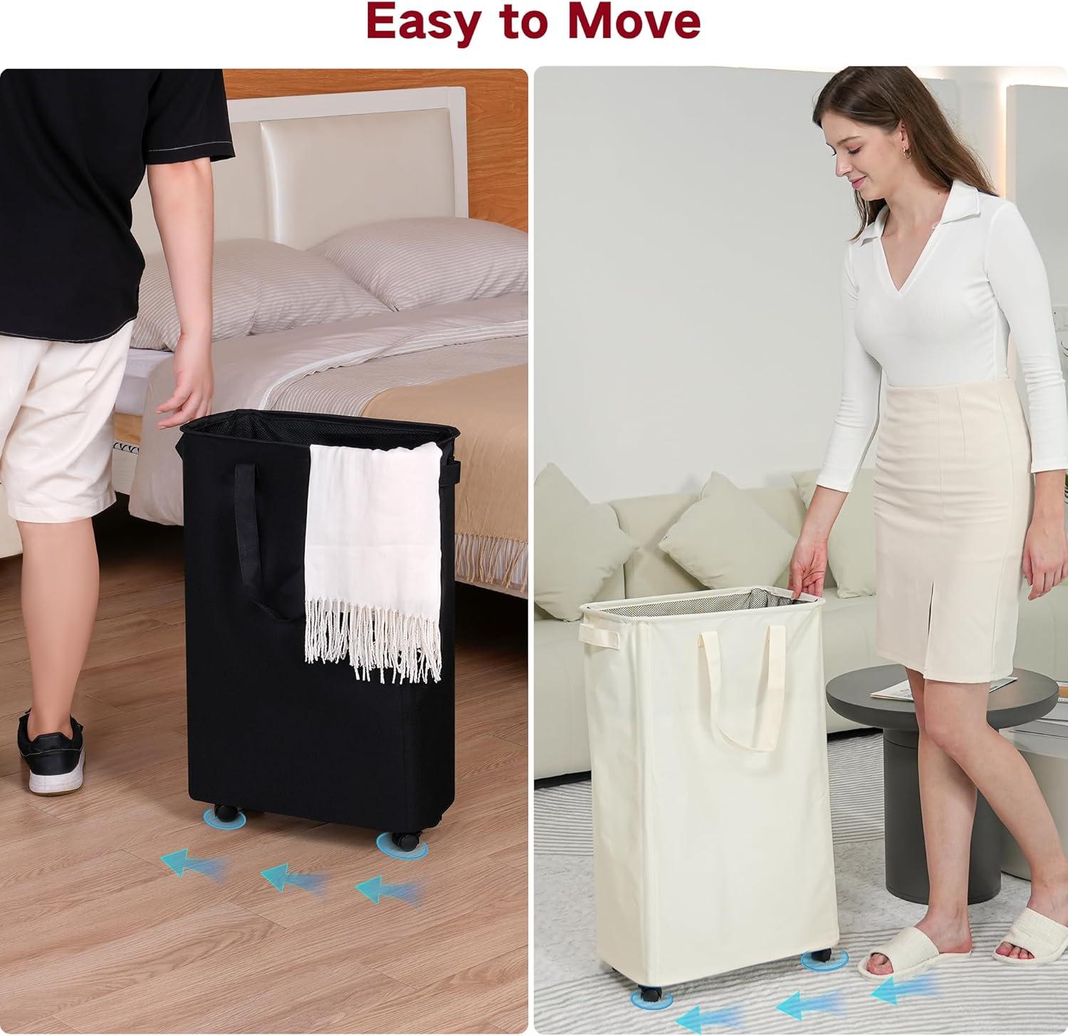 imageefluky Slim Laundry Hamper with Wheels Rolling Laundry Basket for Clothes Small Laundry Basket for Bedroom Dorm and Laundry Room 60L 127 Gallons BeigeBeige