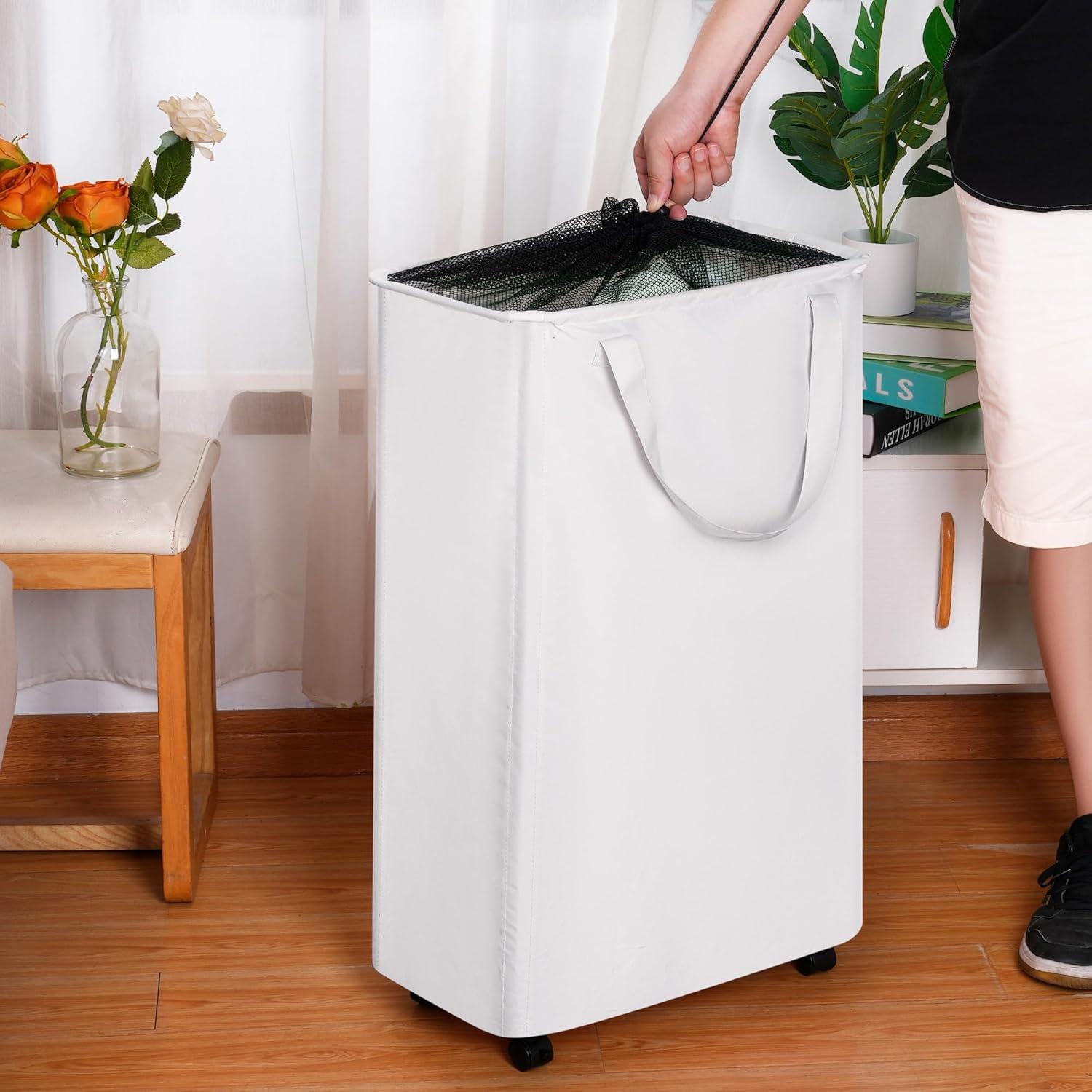 imageefluky Slim Laundry Hamper with Wheels Rolling Laundry Basket for Clothes Small Laundry Basket for Bedroom Dorm and Laundry Room 60L 127 Gallons BeigeWhite