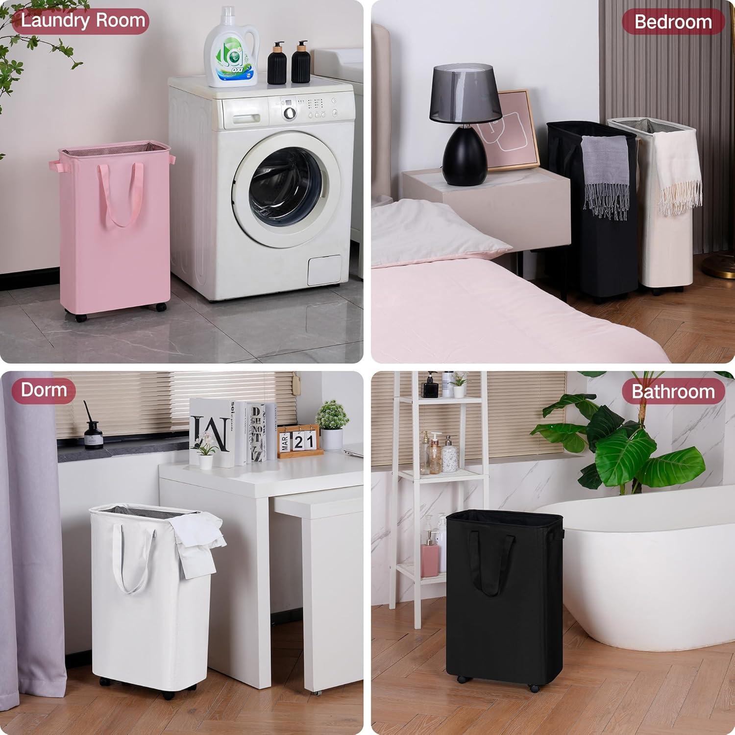 imageefluky Slim Laundry Hamper with Wheels Rolling Laundry Basket for Clothes Small Laundry Basket for Bedroom Dorm and Laundry Room 60L 127 Gallons BeigeWhite