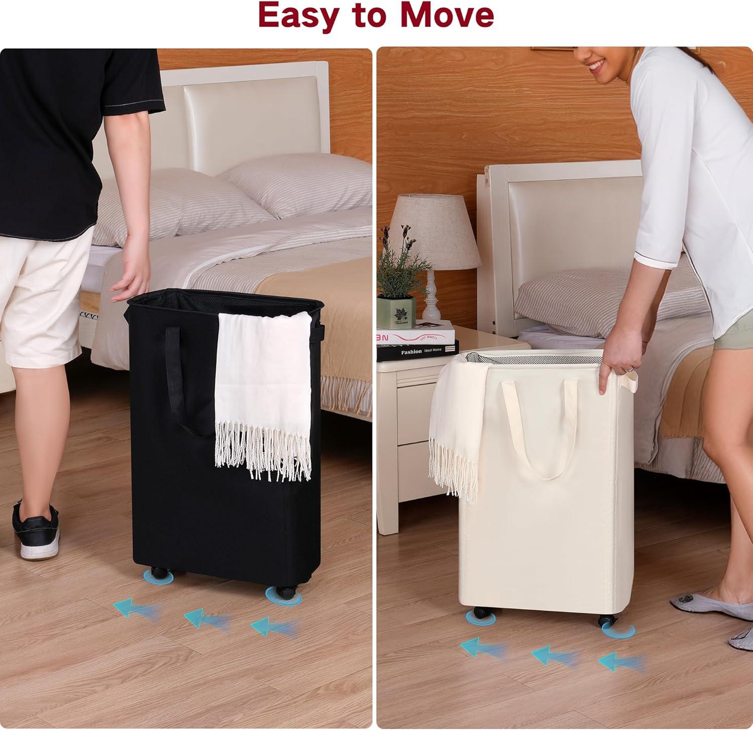 imageefluky Slim Laundry Hamper with Wheels Rolling Laundry Basket for Clothes Small Laundry Basket for Bedroom Dorm and Laundry Room 60L 127 Gallons BeigeGrey