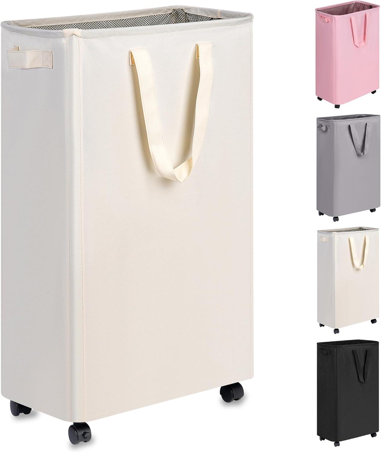 imageefluky Slim Laundry Hamper with Wheels Rolling Laundry Basket for Clothes Small Laundry Basket for Bedroom Dorm and Laundry Room 60L 127 Gallons BeigeBeige