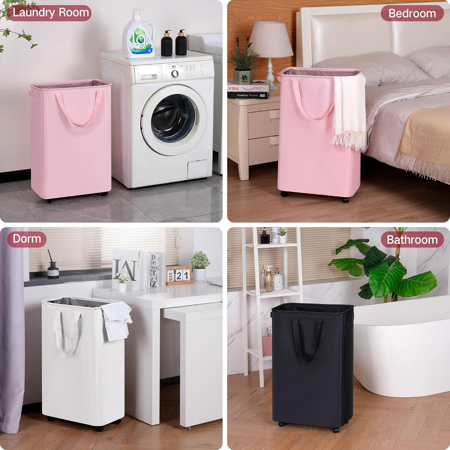 imageefluky Slim Laundry Hamper with Wheels Rolling Laundry Basket for Clothes Small Laundry Basket for Bedroom Dorm and Laundry Room 60L 127 Gallons BeigeWhite