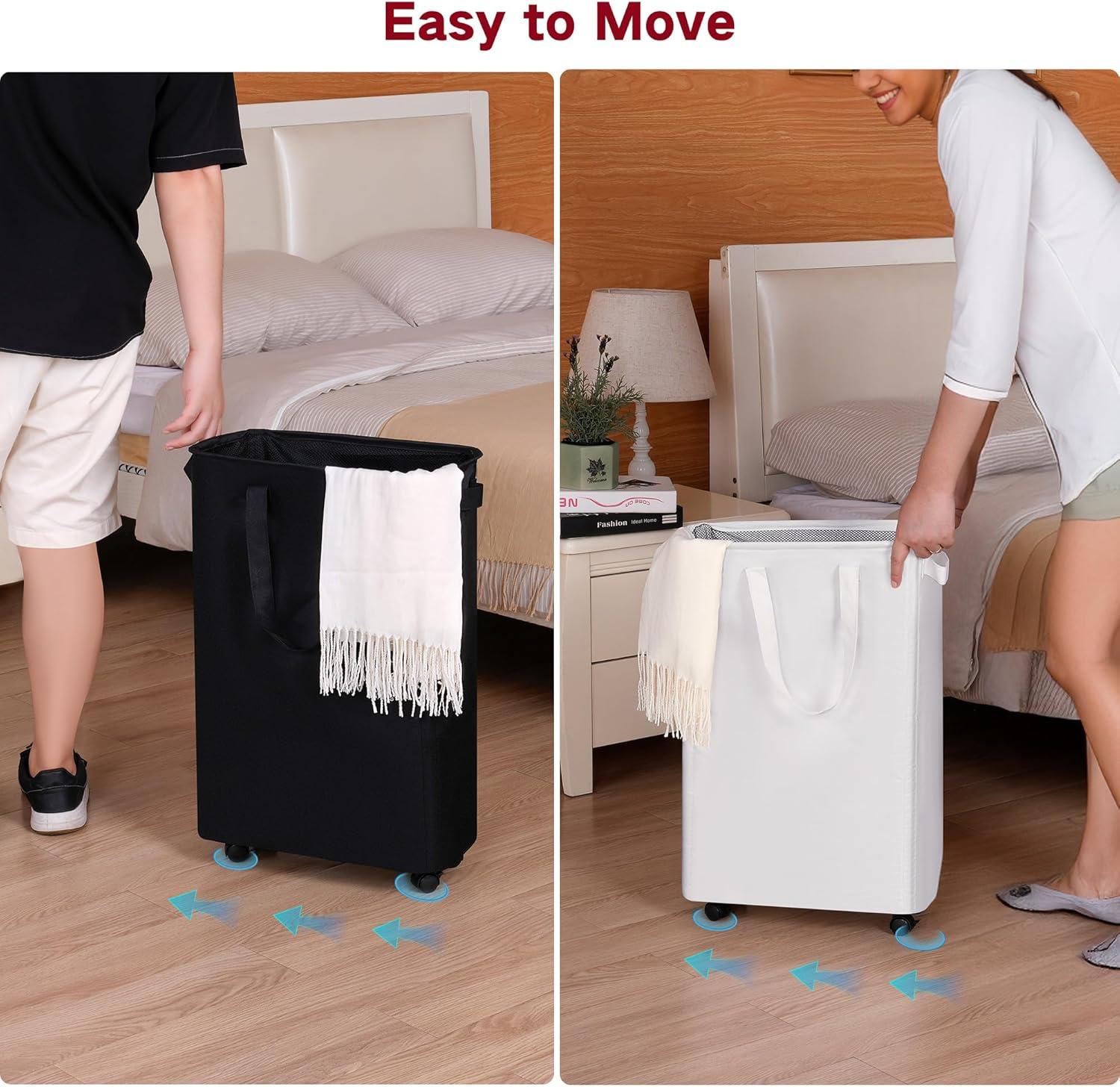 imageefluky Slim Laundry Hamper with Wheels Rolling Laundry Basket for Clothes Small Laundry Basket for Bedroom Dorm and Laundry Room 60L 127 Gallons BeigeWhite