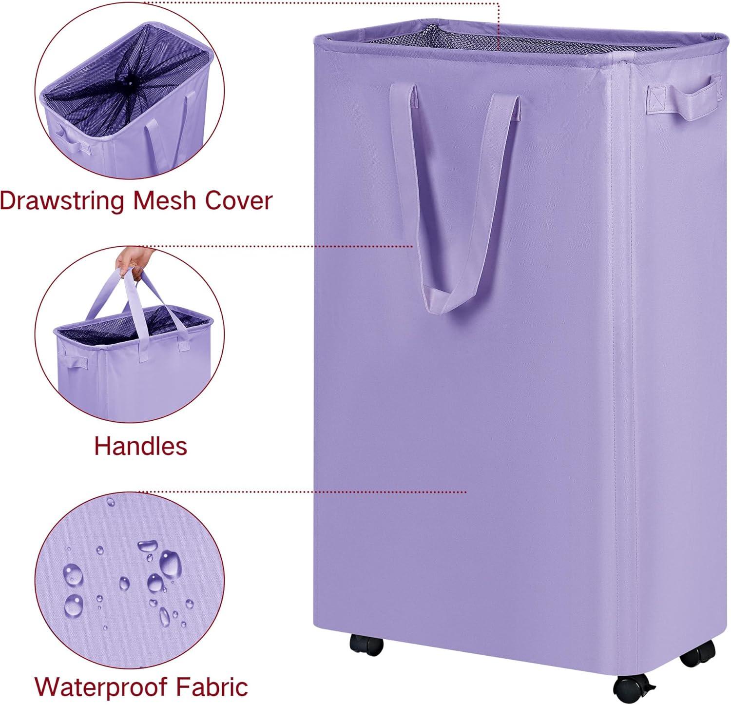 imageefluky Slim Laundry Hamper with Wheels Rolling Laundry Basket for Clothes Small Laundry Basket for Bedroom Dorm and Laundry Room 60L 127 Gallons BeigePurple